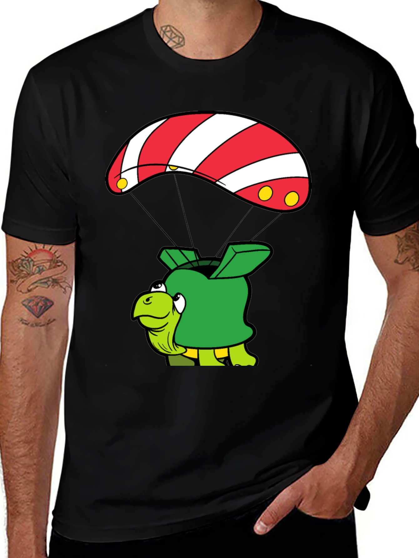 Turtle Parachute Black T-Shirt - Funny Cartoon Design