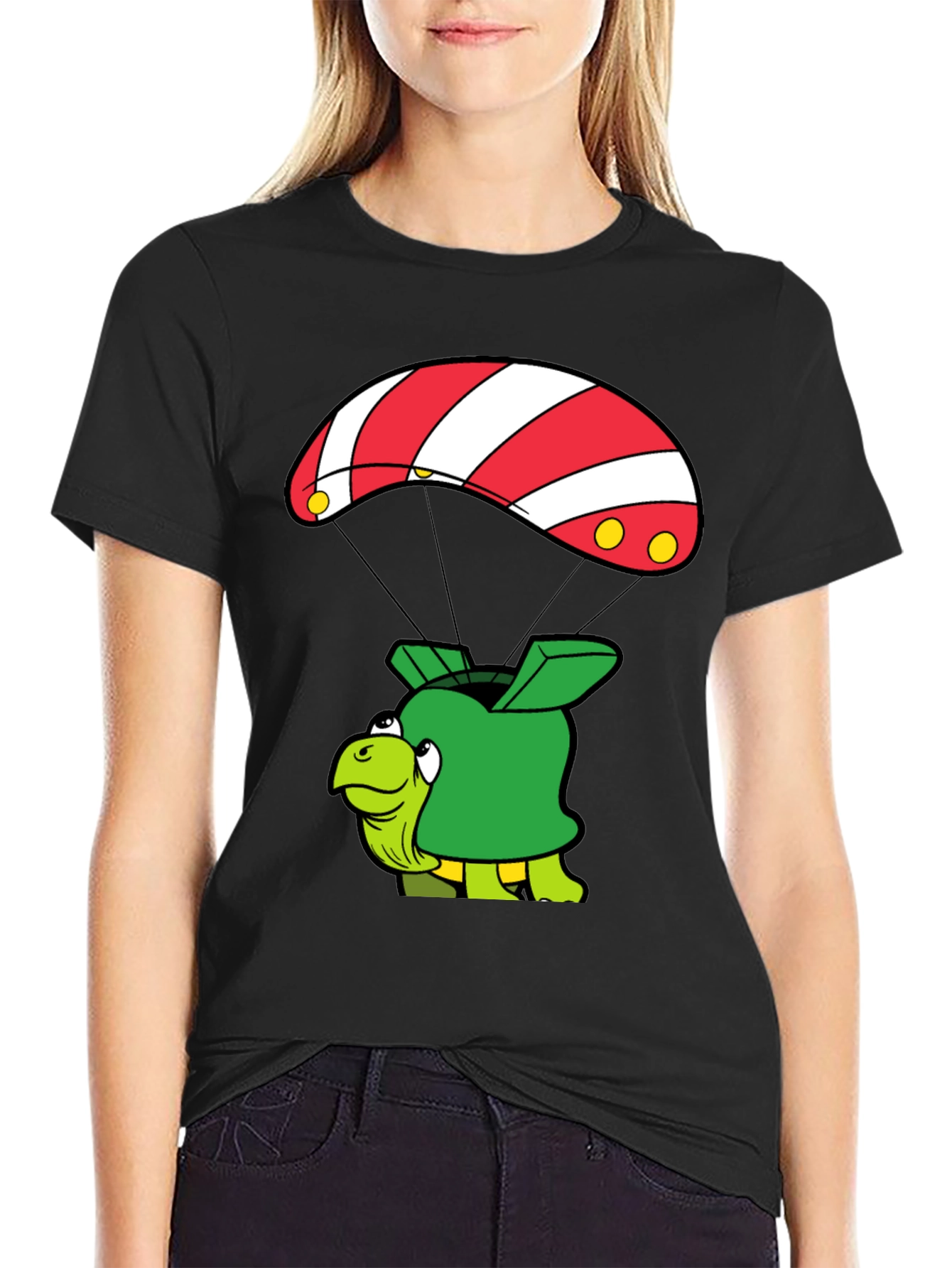 Turtle Parachute Black T-Shirt - Funny Cartoon Design