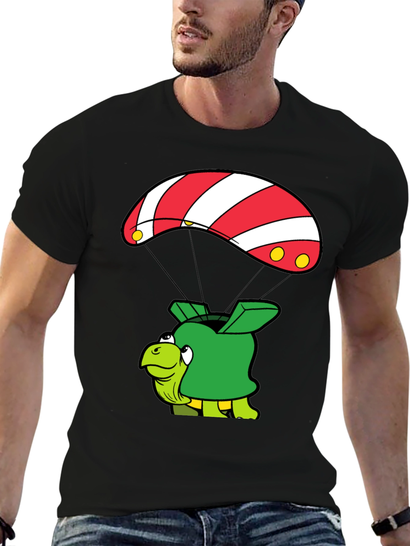 Turtle Parachute Black T-Shirt - Funny Cartoon Design