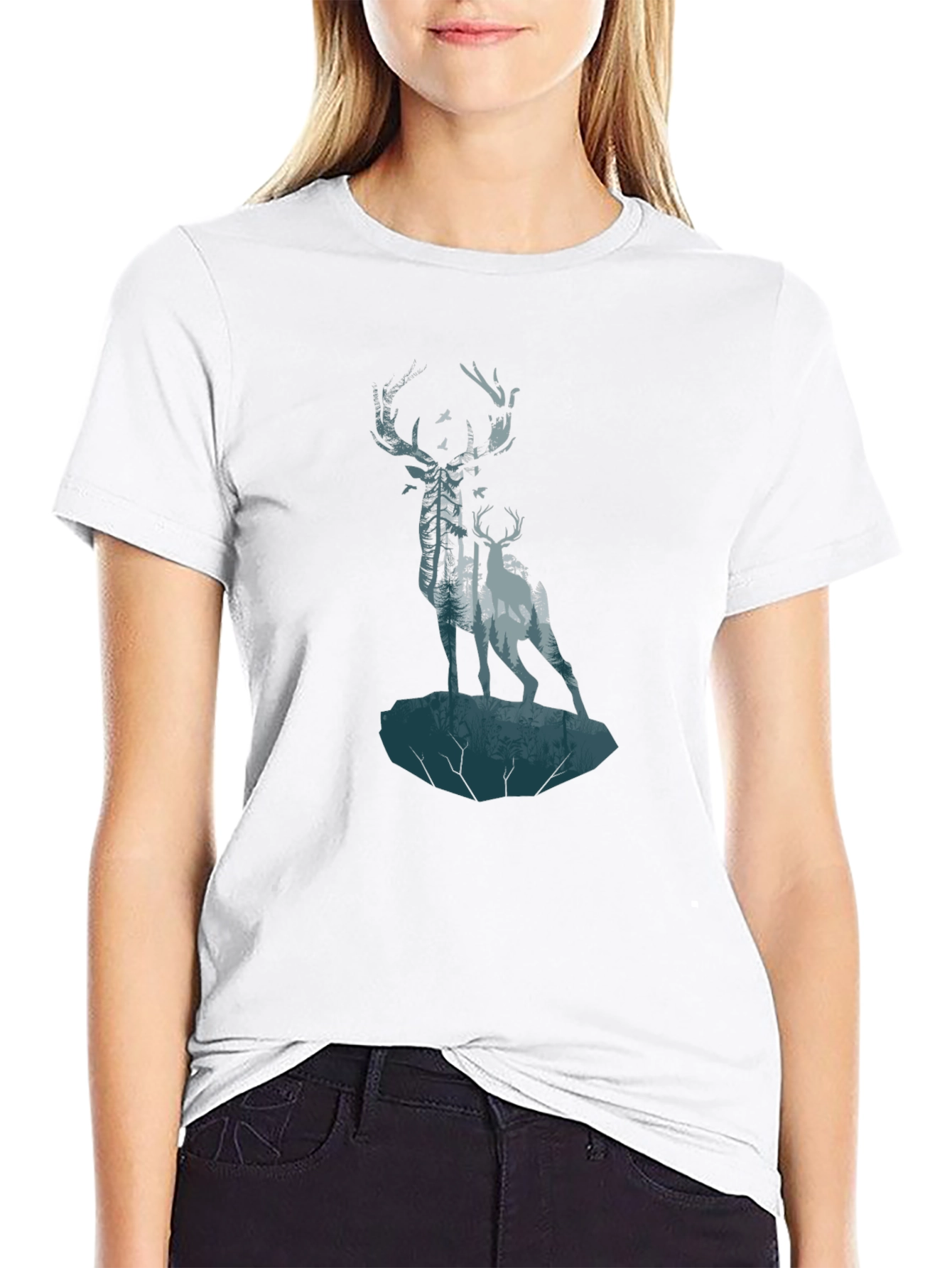 Deer Forest Graphic Print Black T-Shirt