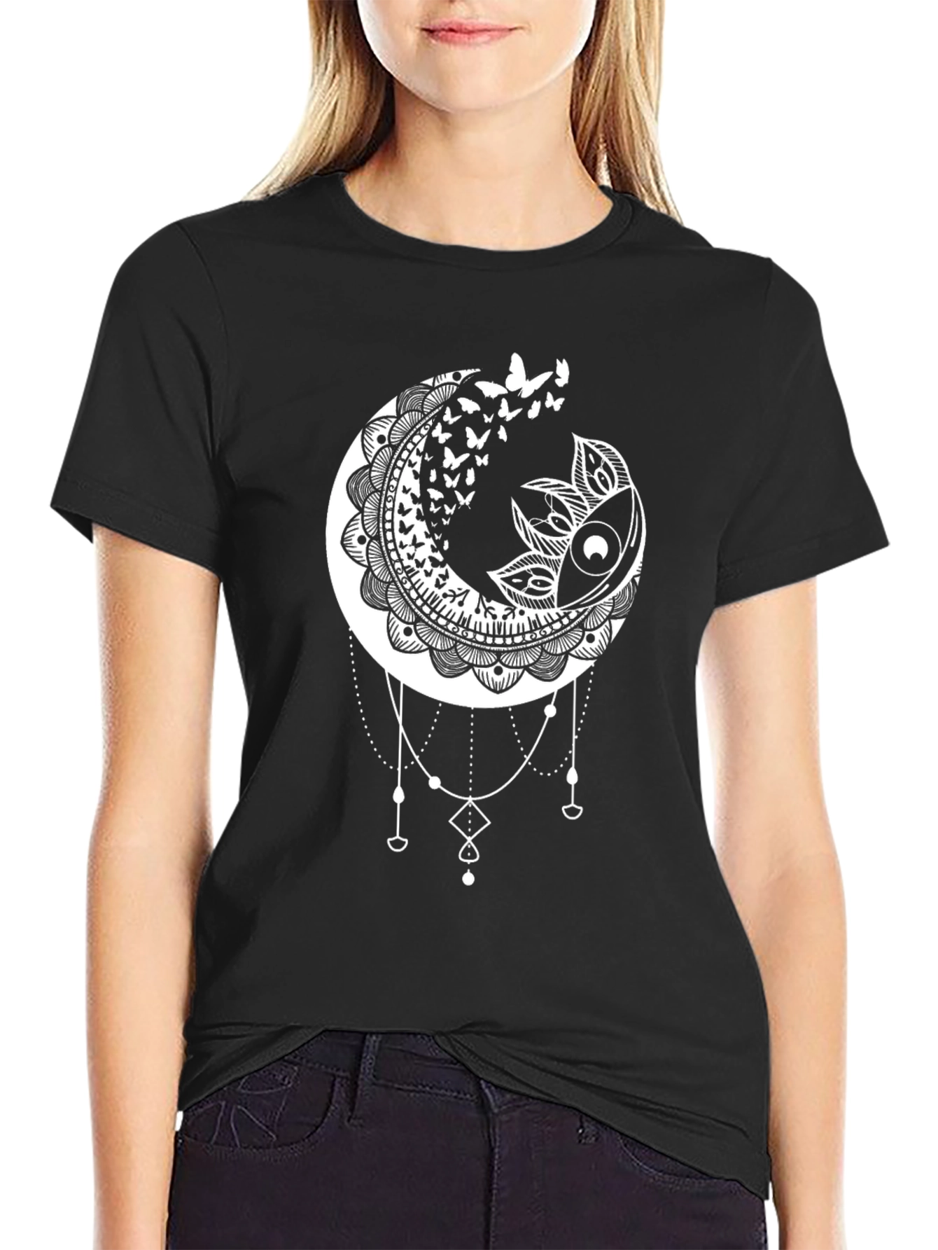 Moon Butterfly Mandala Black T-Shirt