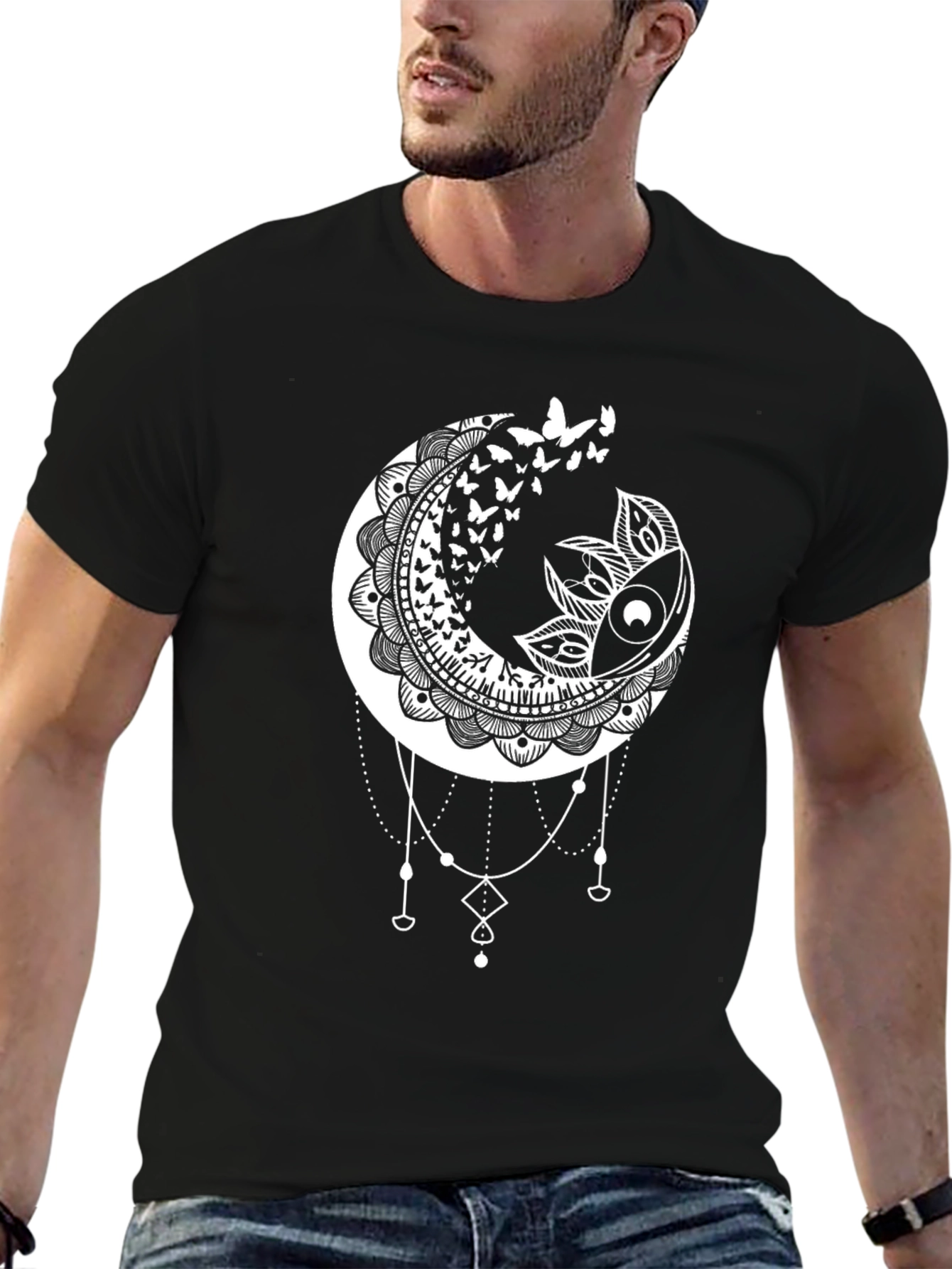 Moon Butterfly Mandala Black T-Shirt