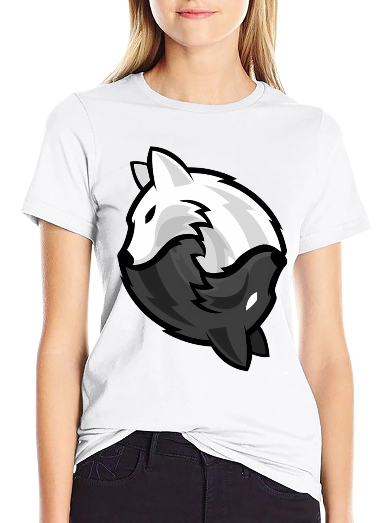 Yin Yang Wolves Graphic Tee - Black Cotton Blend