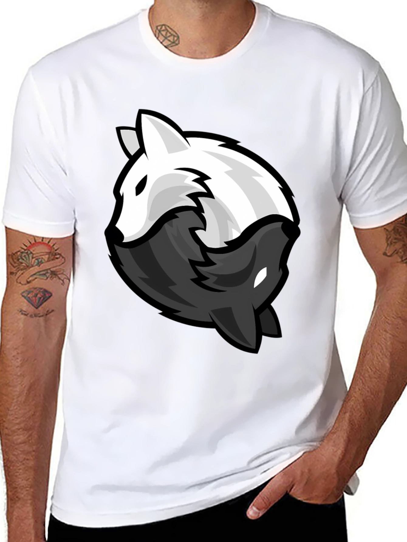 Yin Yang Wolves Graphic Tee - Black Cotton Blend