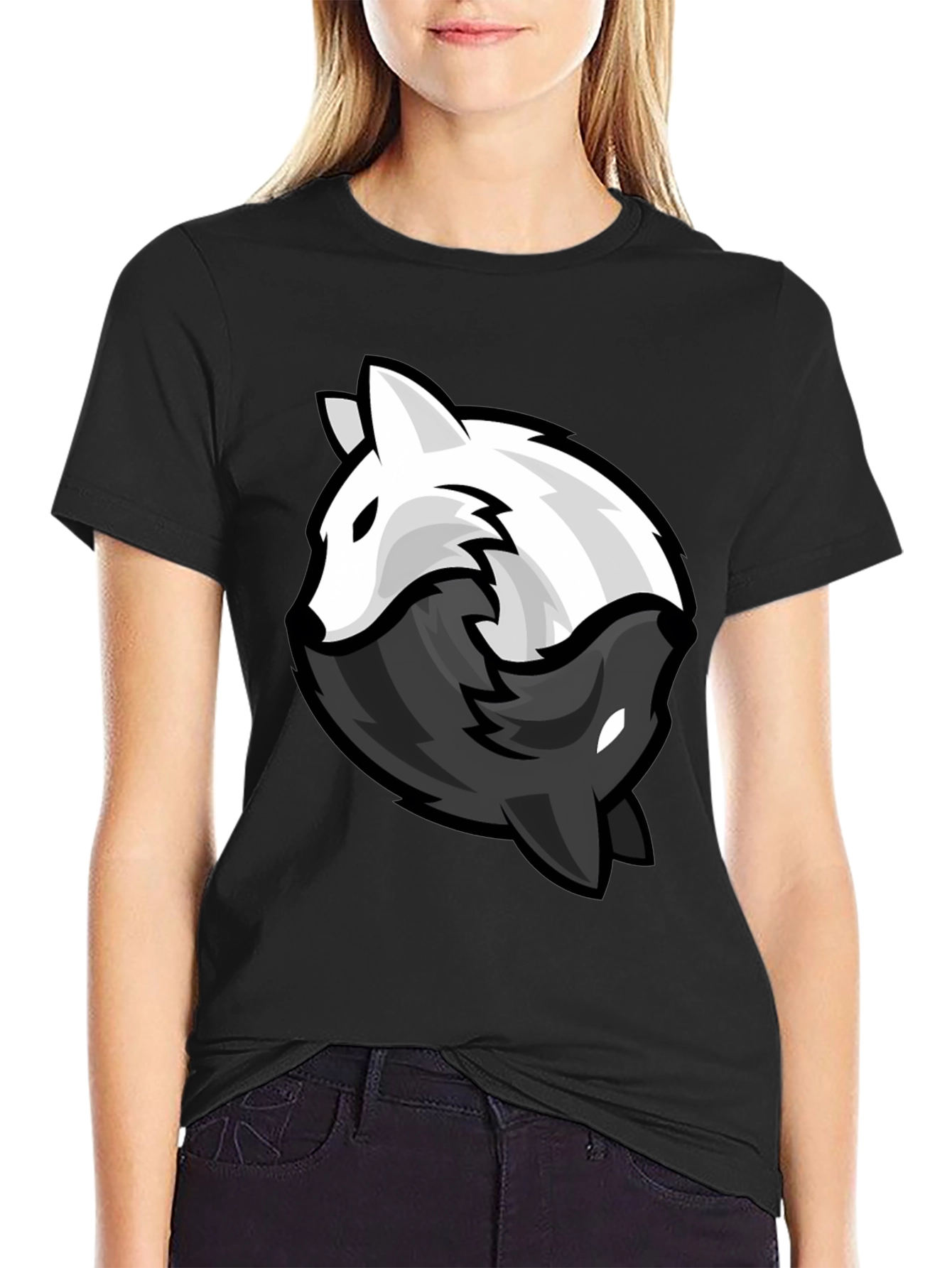 Yin Yang Wolves Graphic Tee - Black Cotton Blend