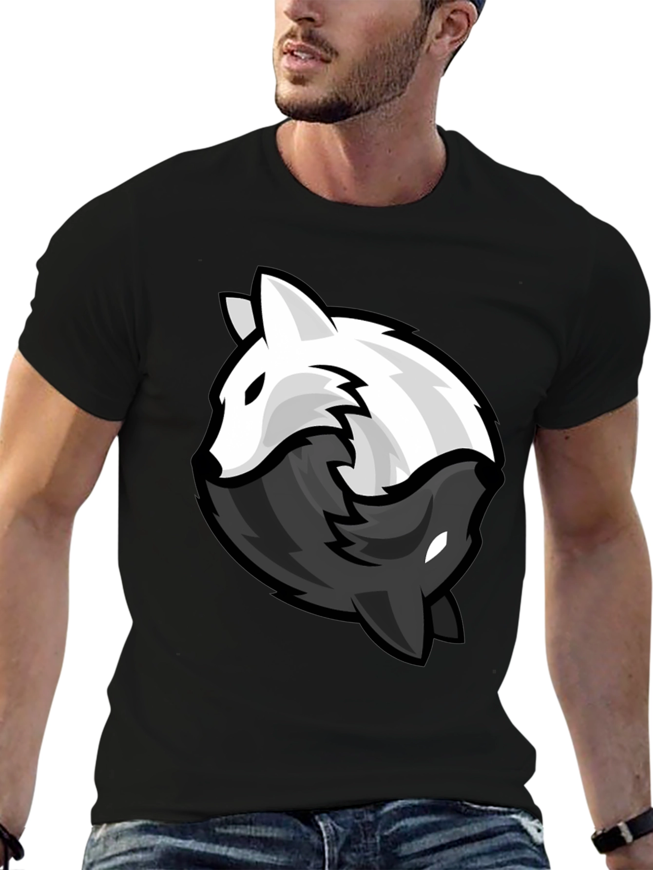 Yin Yang Wolves Graphic Tee - Black Cotton Blend