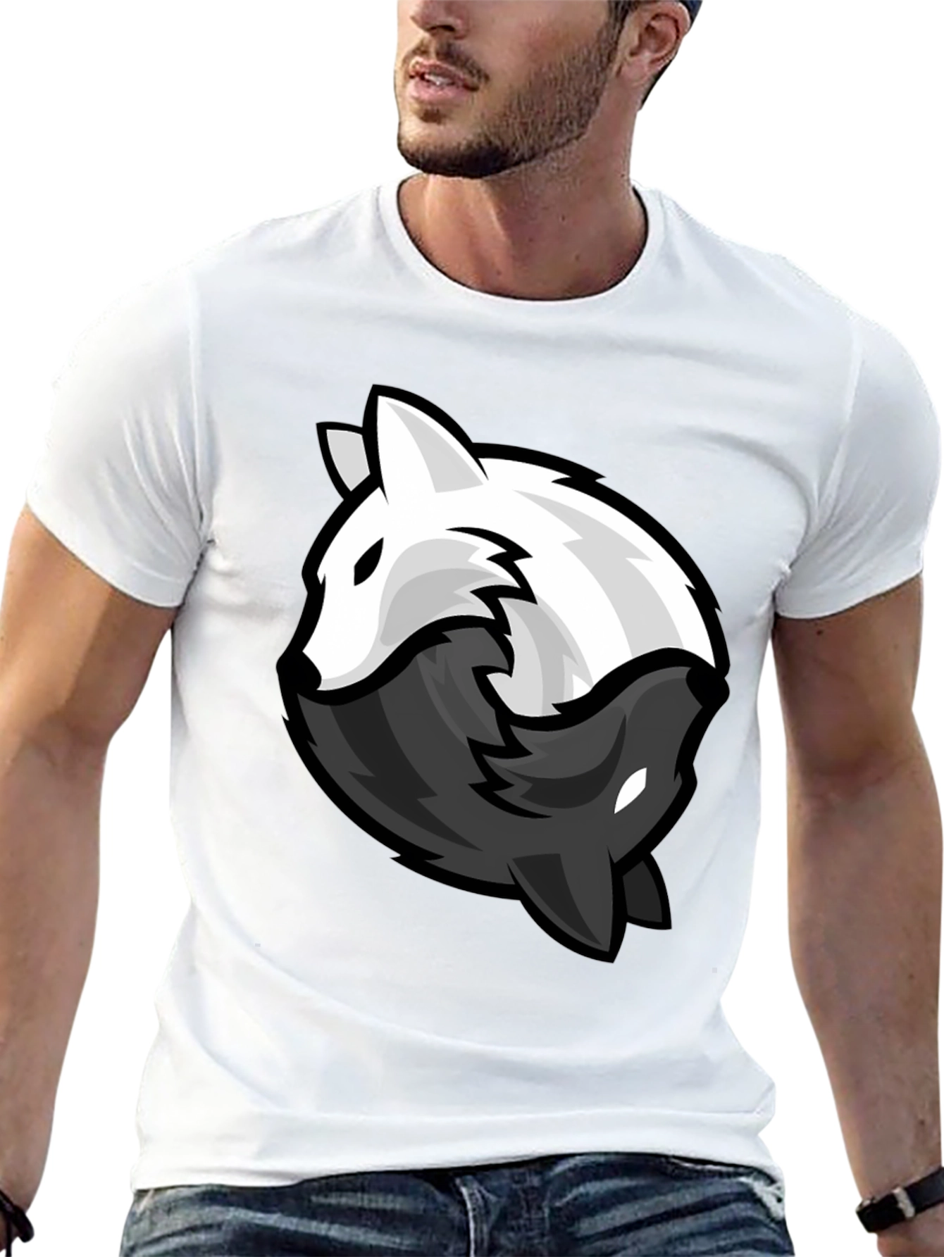 Yin Yang Wolves Graphic Tee - Black Cotton Blend