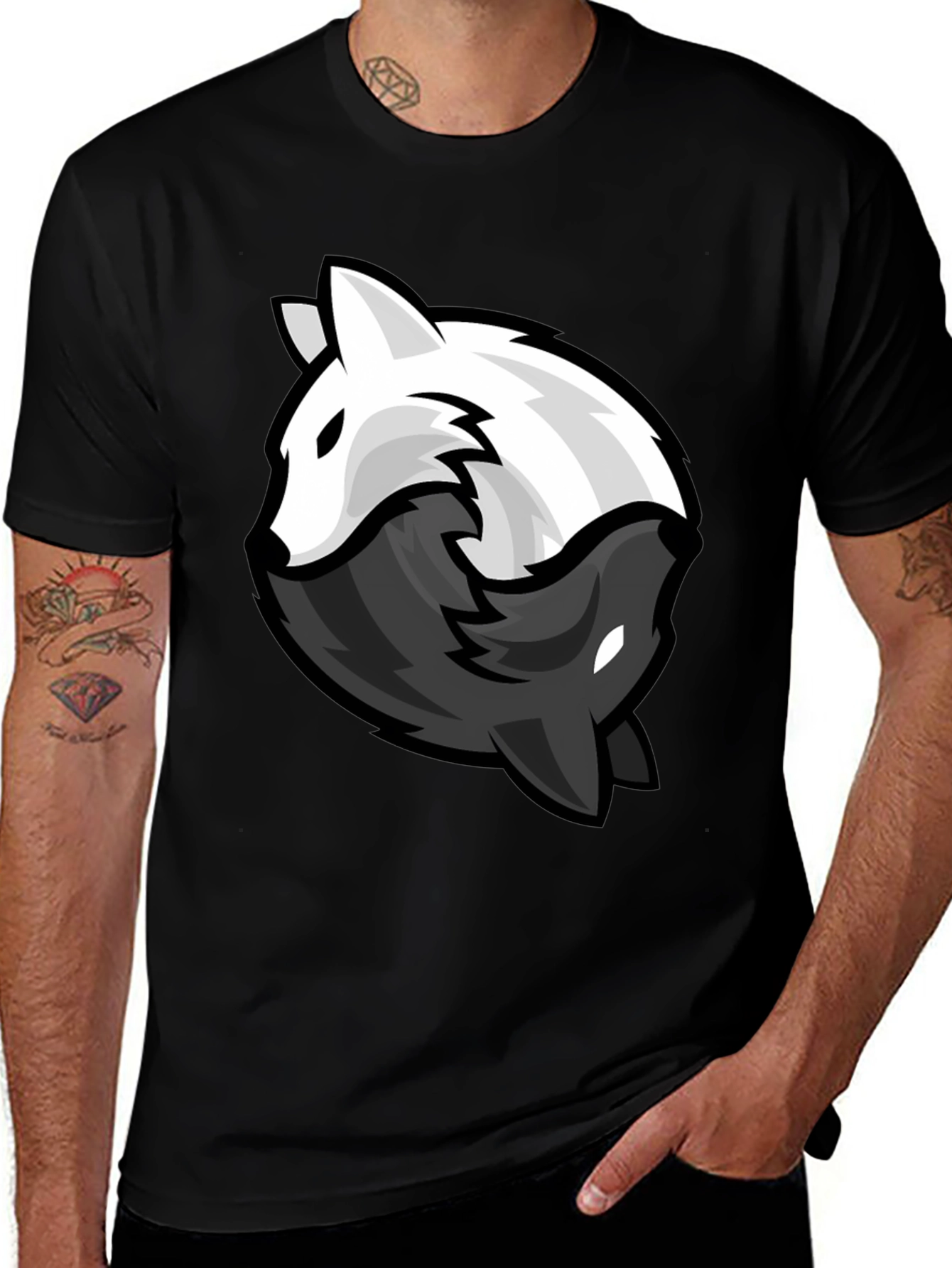 Yin Yang Wolves Graphic Tee - Black Cotton Blend