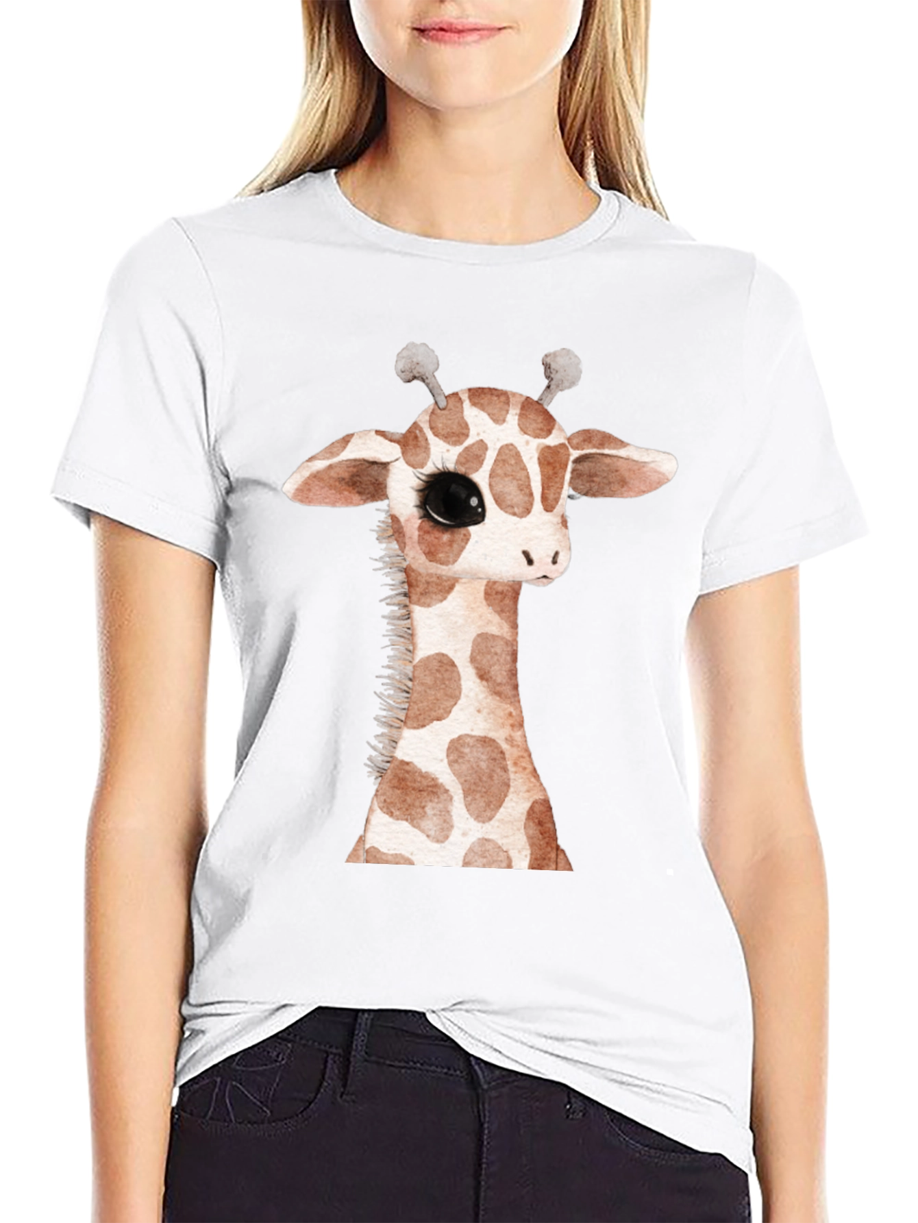 Cute Giraffe Graphic Print Black T-Shirt
