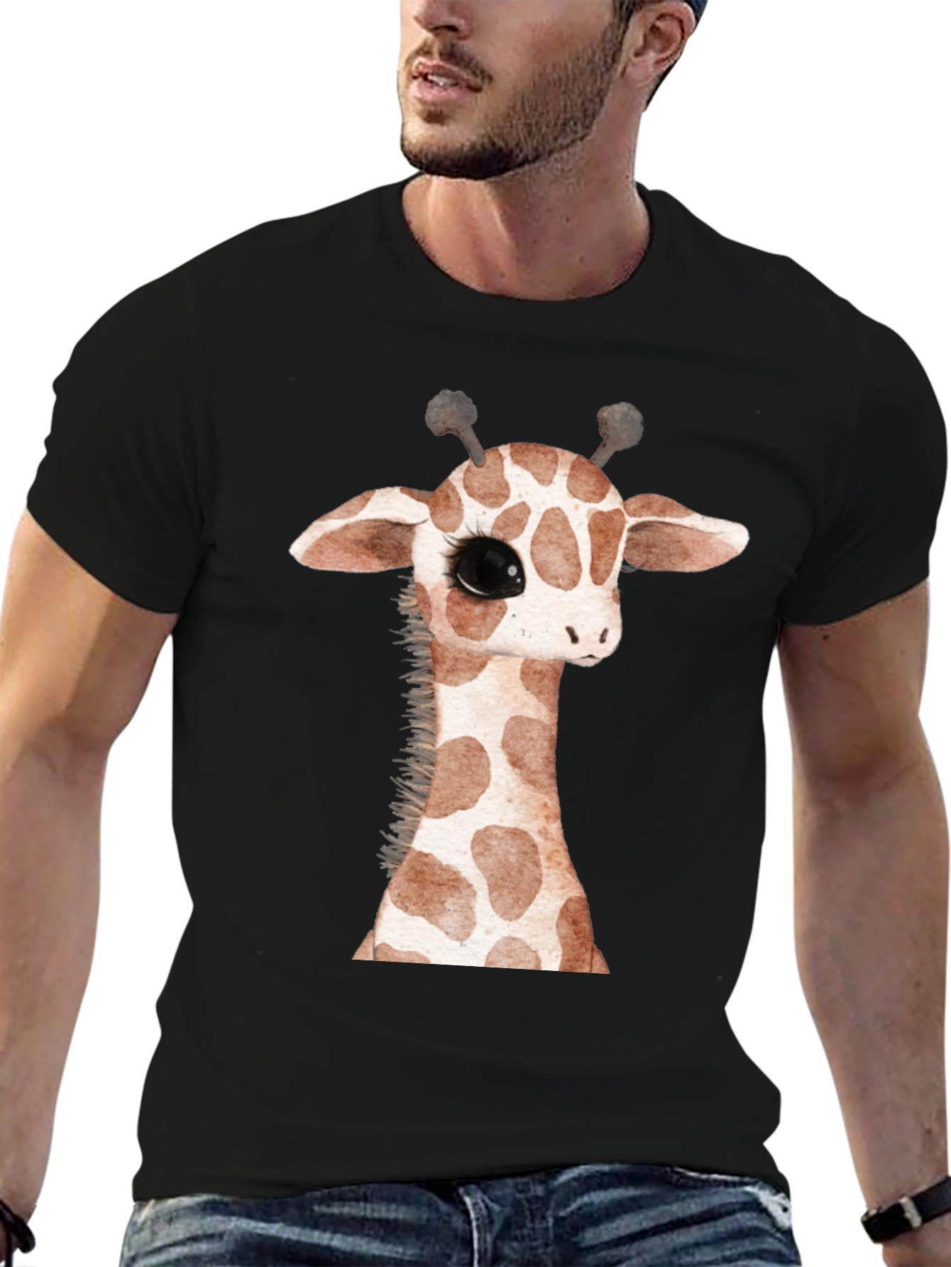 Cute Giraffe Graphic Print Black T-Shirt
