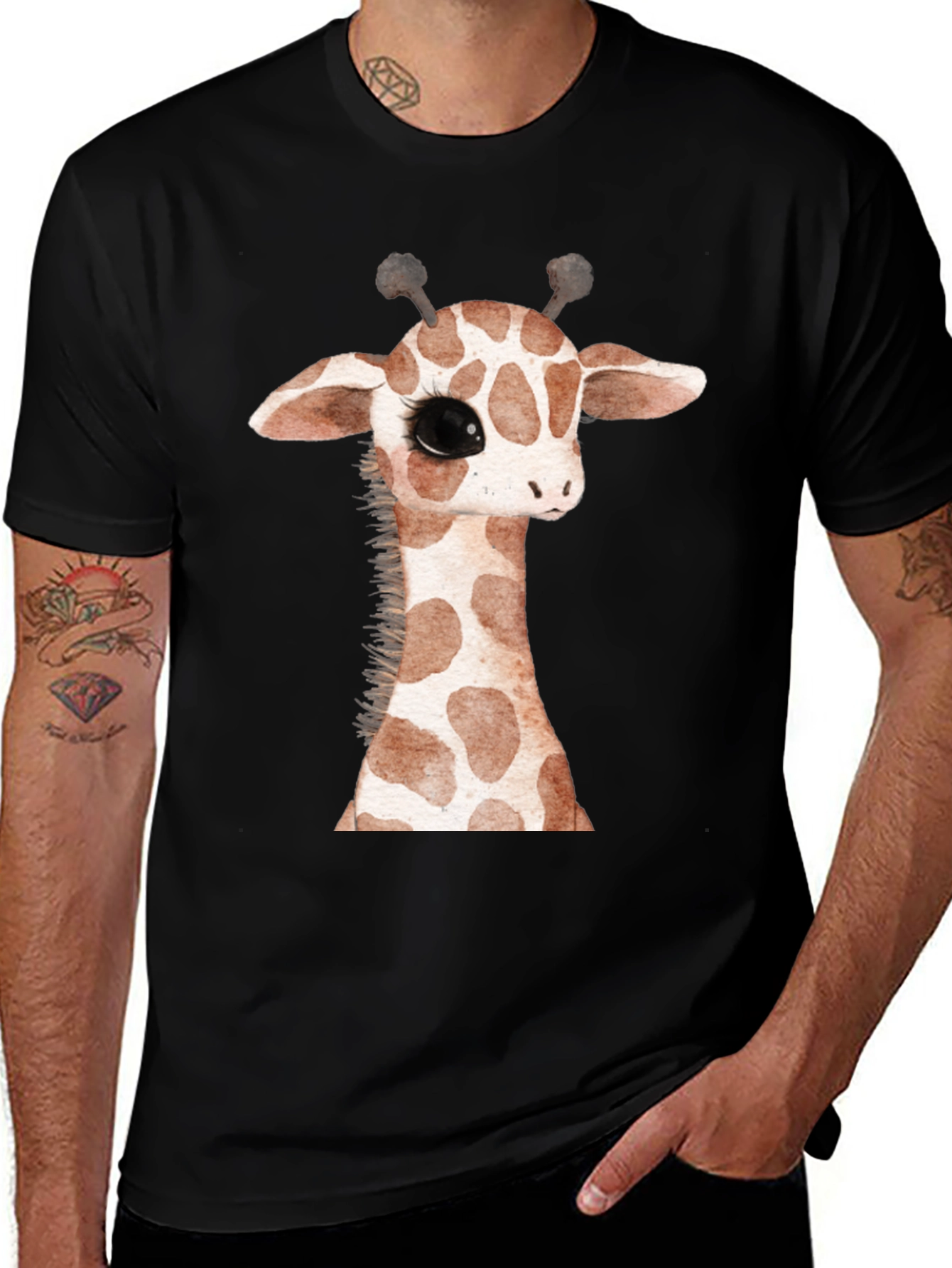 Cute Giraffe Graphic Print Black T-Shirt