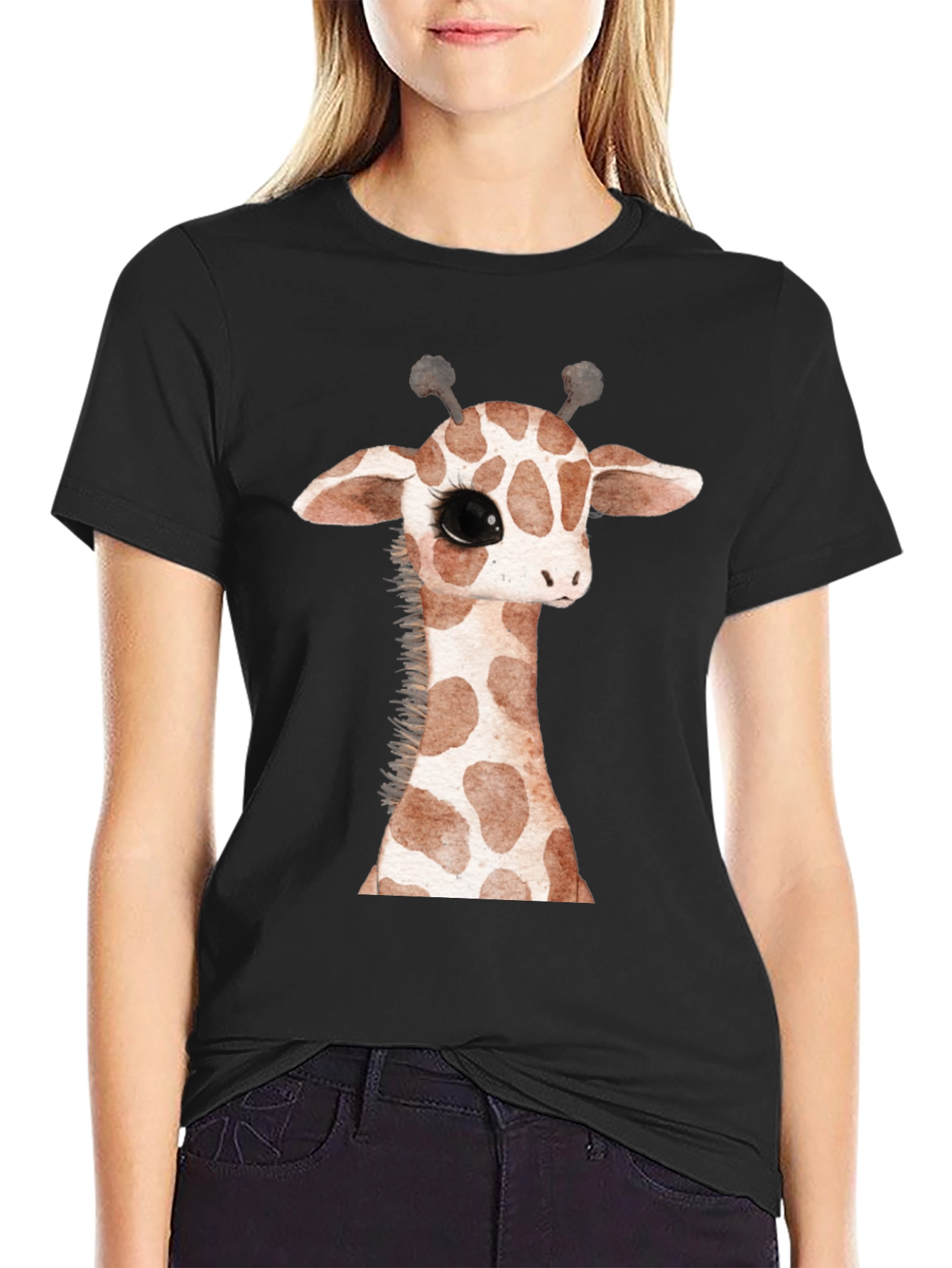 Cute Giraffe Graphic Print Black T-Shirt