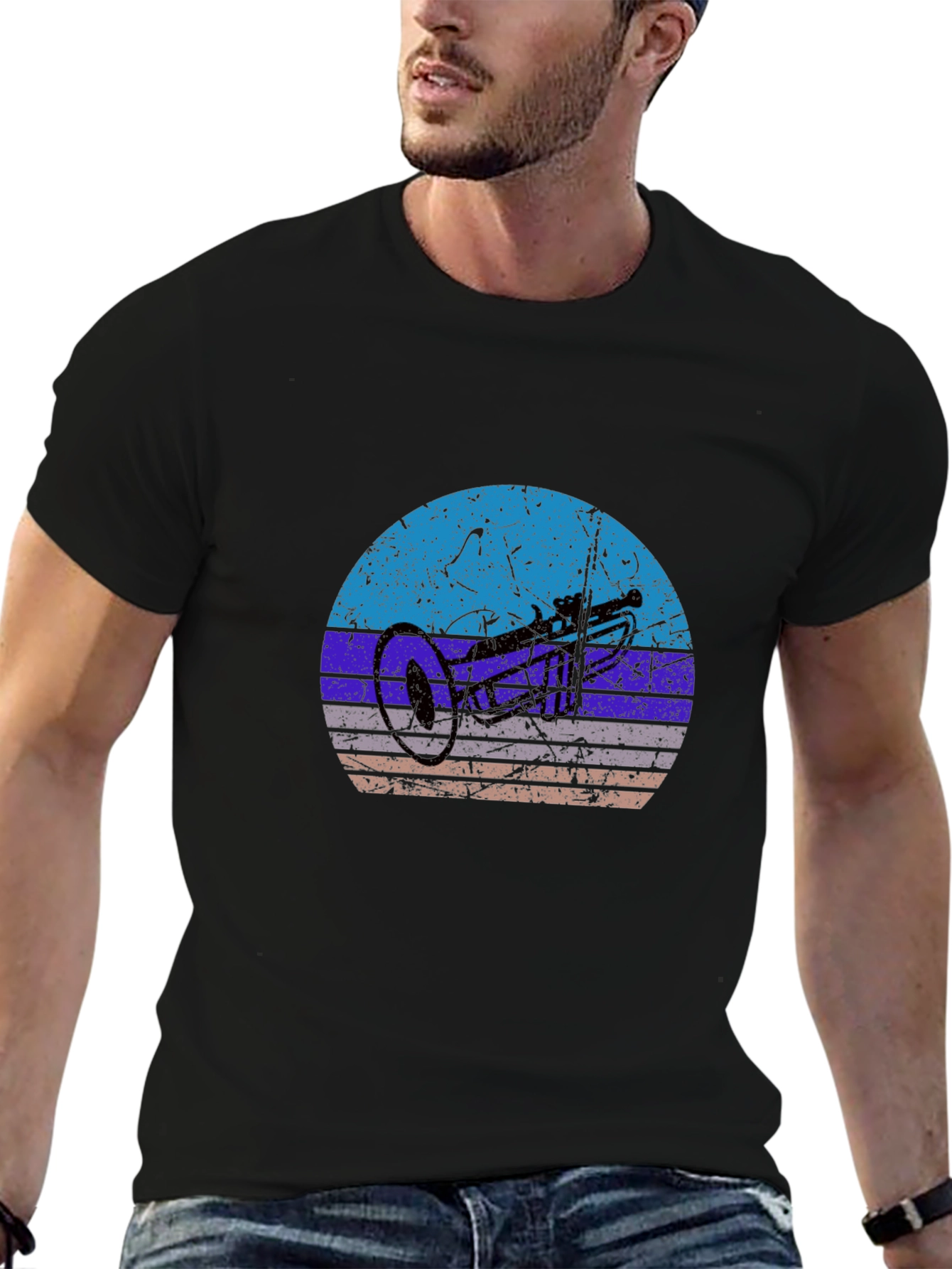 Retro Trumpet Graphic Tee - Black Cotton T-Shirt
