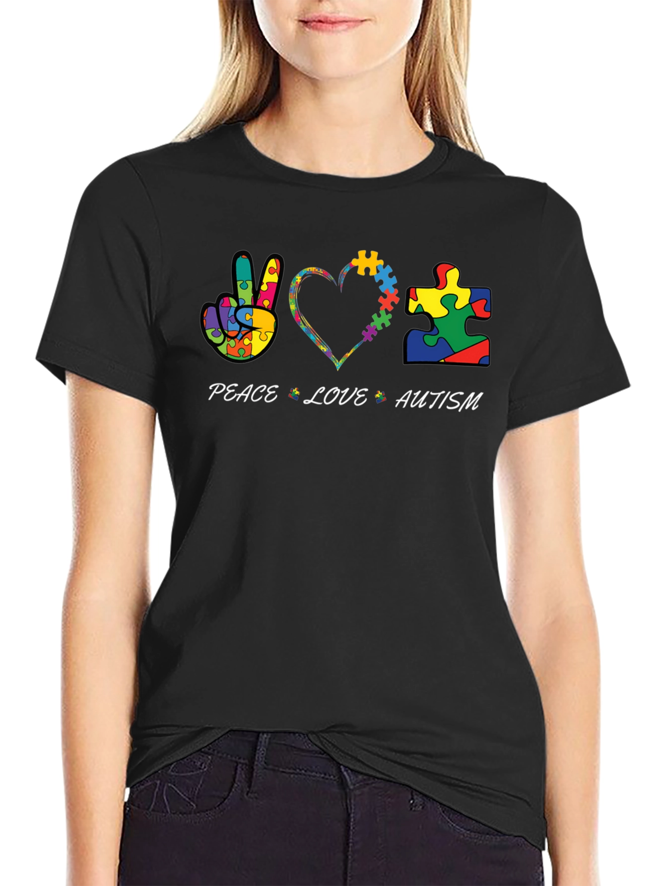 Peace Love Autism Puzzle Piece Graphic T-Shirt
