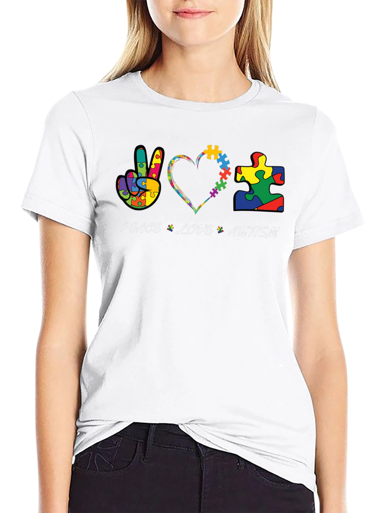 Peace Love Autism Puzzle Piece Graphic T-Shirt
