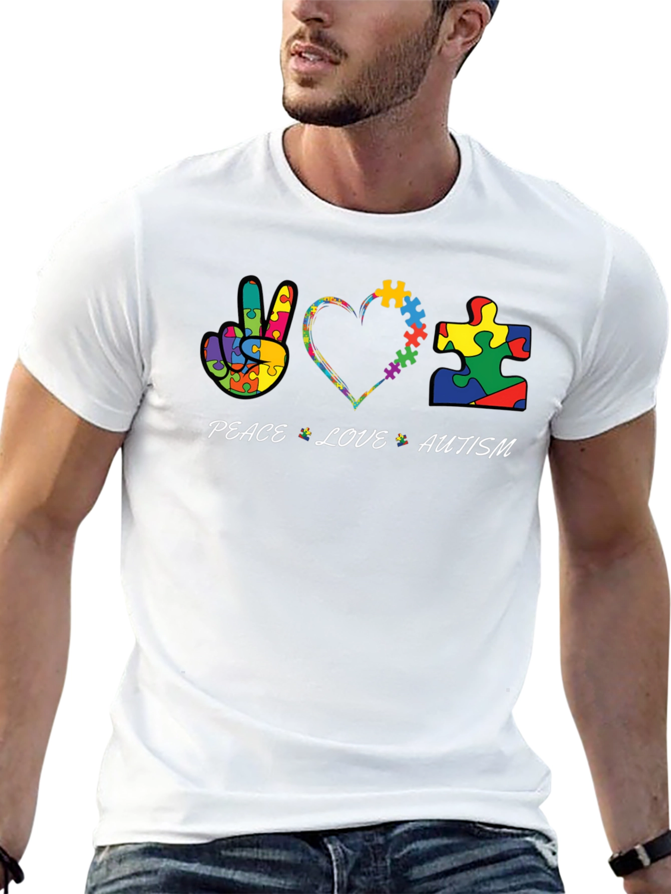 Peace Love Autism Puzzle Piece Graphic T-Shirt