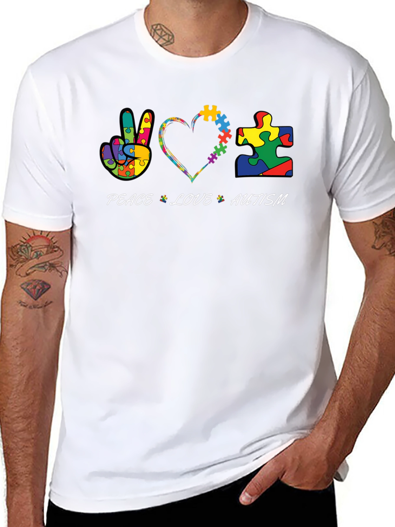 Peace Love Autism Puzzle Piece Graphic T-Shirt