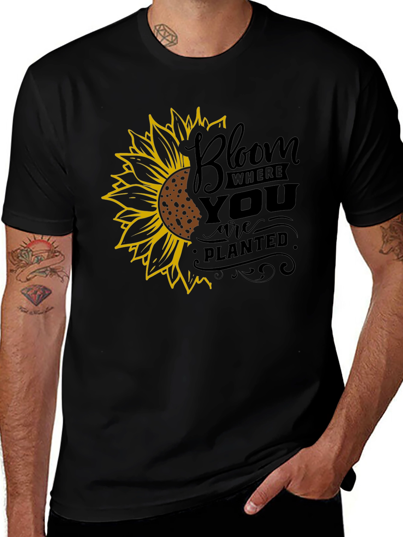 Bloom Where You Are Planted Sunflower Black T-Shirt