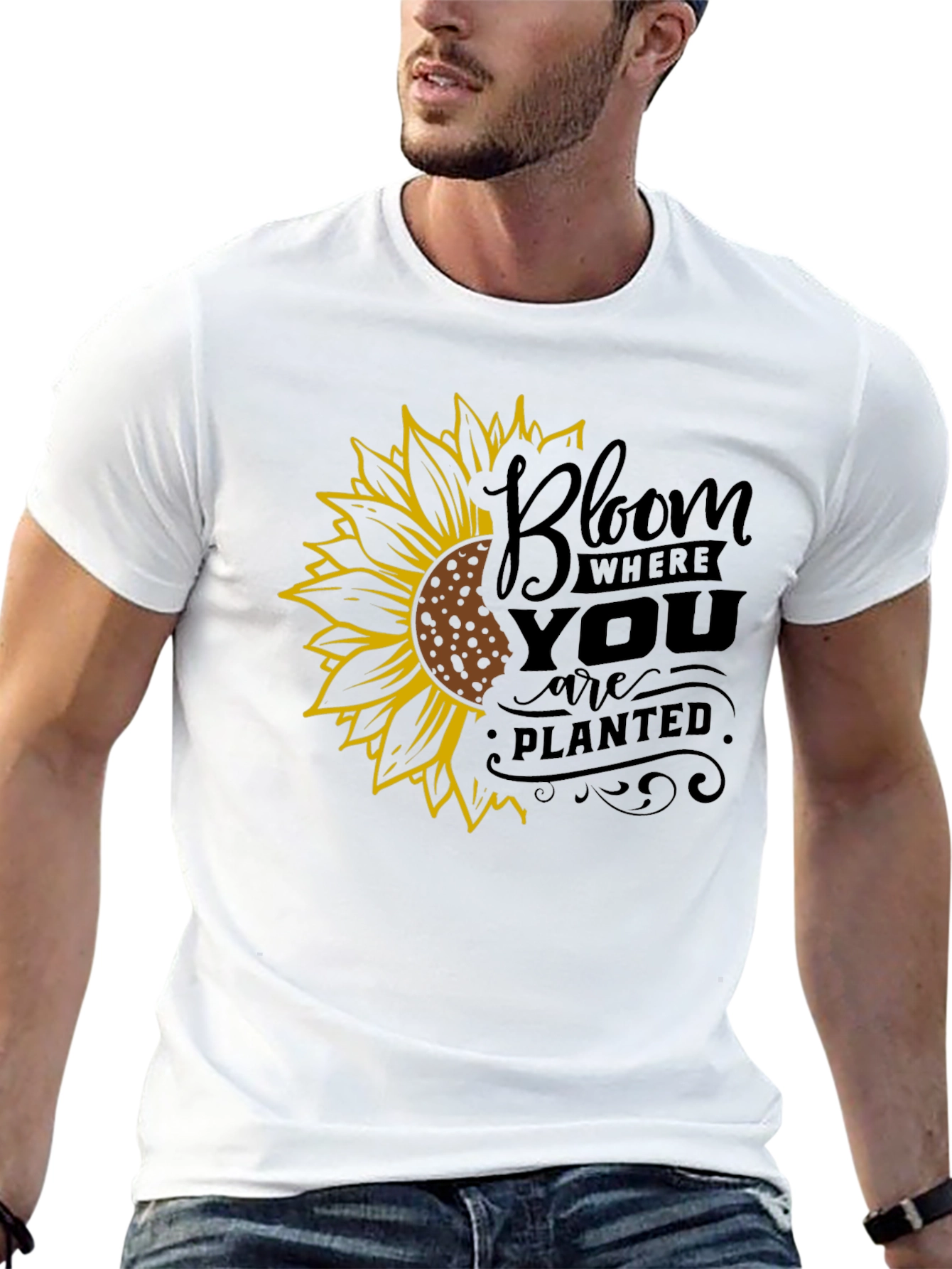 Bloom Where You Are Planted Sunflower Black T-Shirt