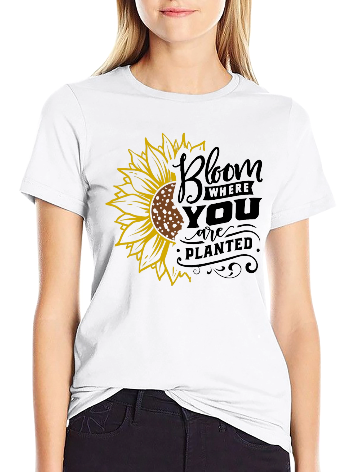 Bloom Where You Are Planted Sunflower Black T-Shirt
