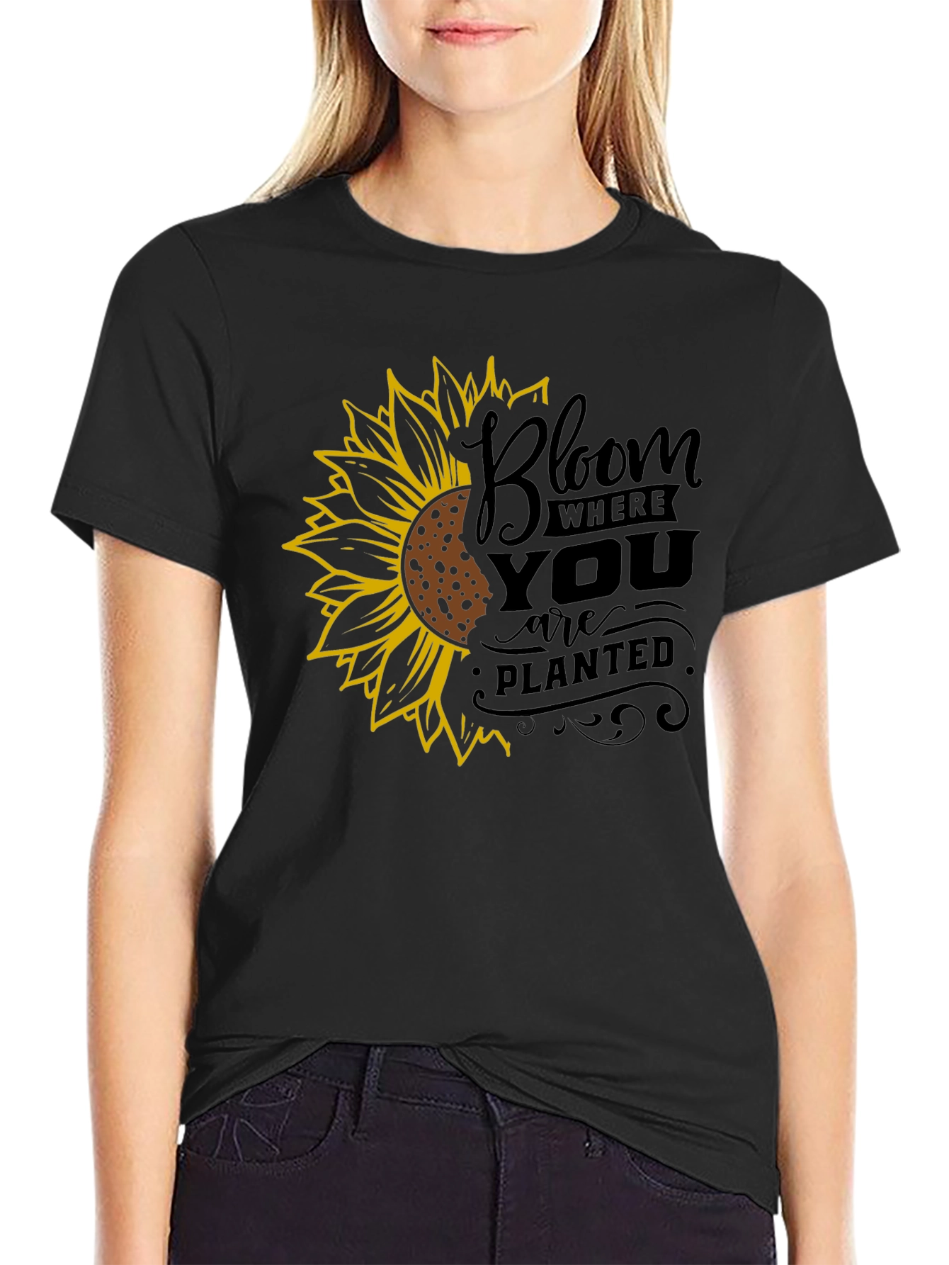 Bloom Where You Are Planted Sunflower Black T-Shirt