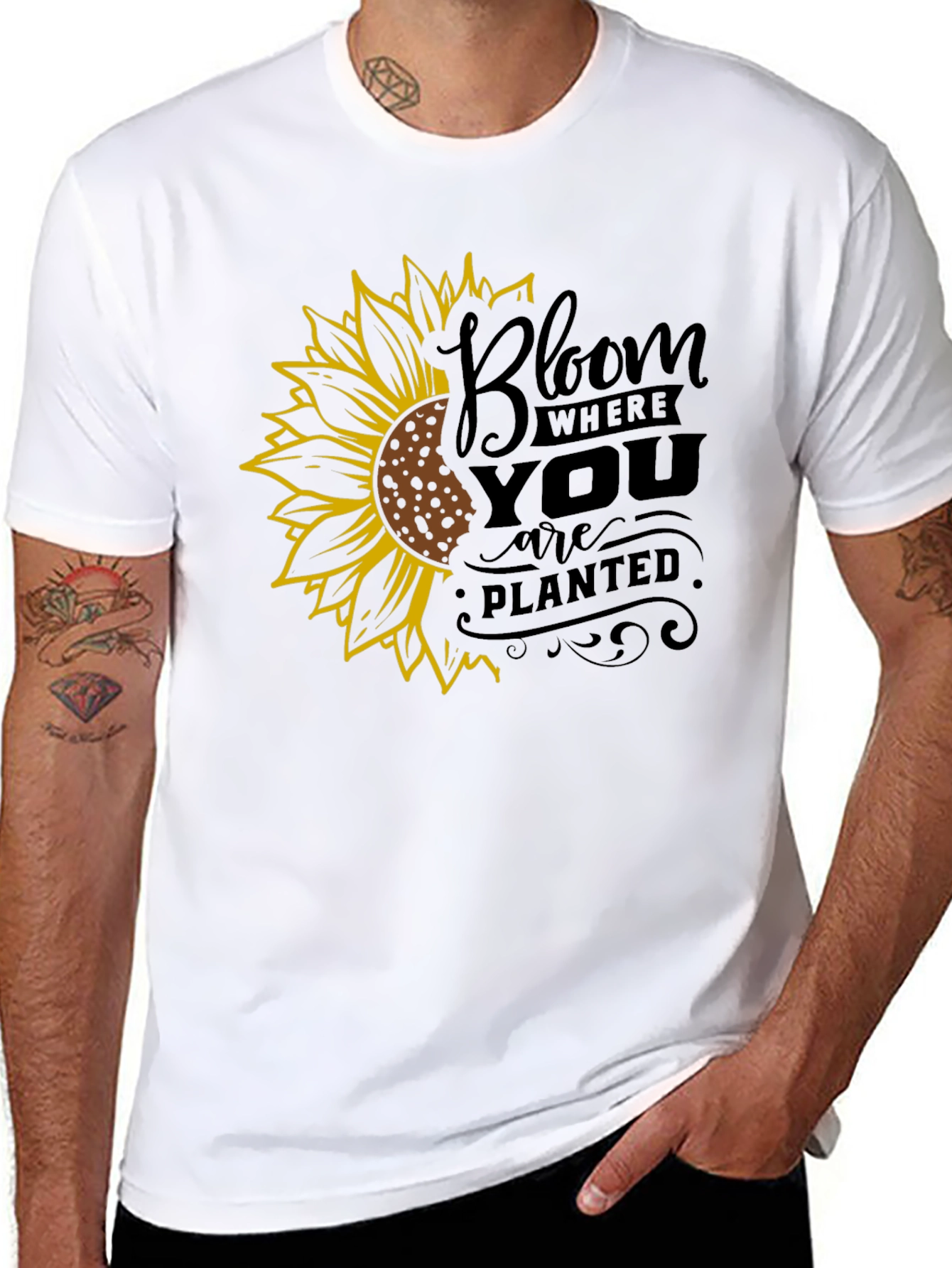 Bloom Where You Are Planted Sunflower Black T-Shirt