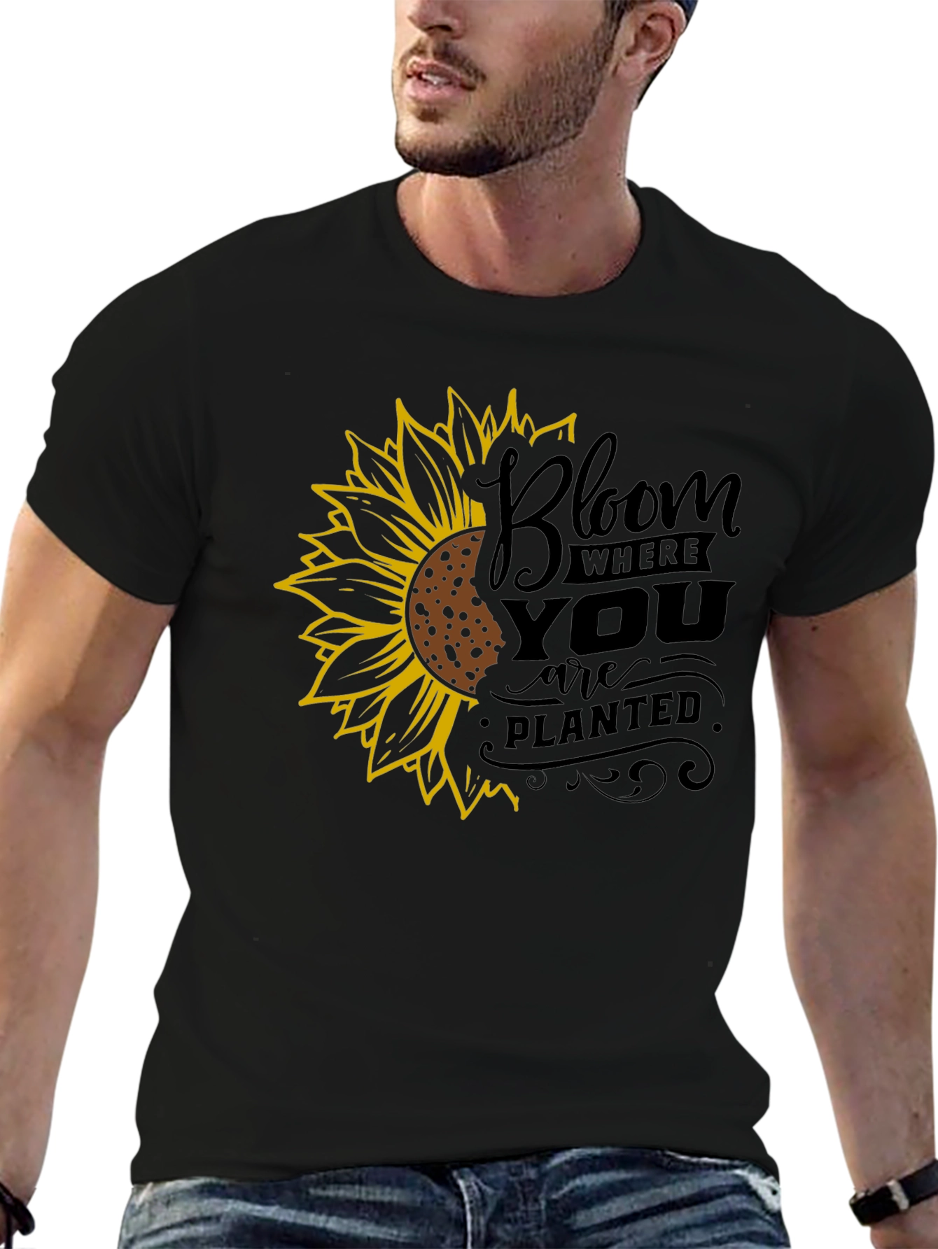 Bloom Where You Are Planted Sunflower Black T-Shirt