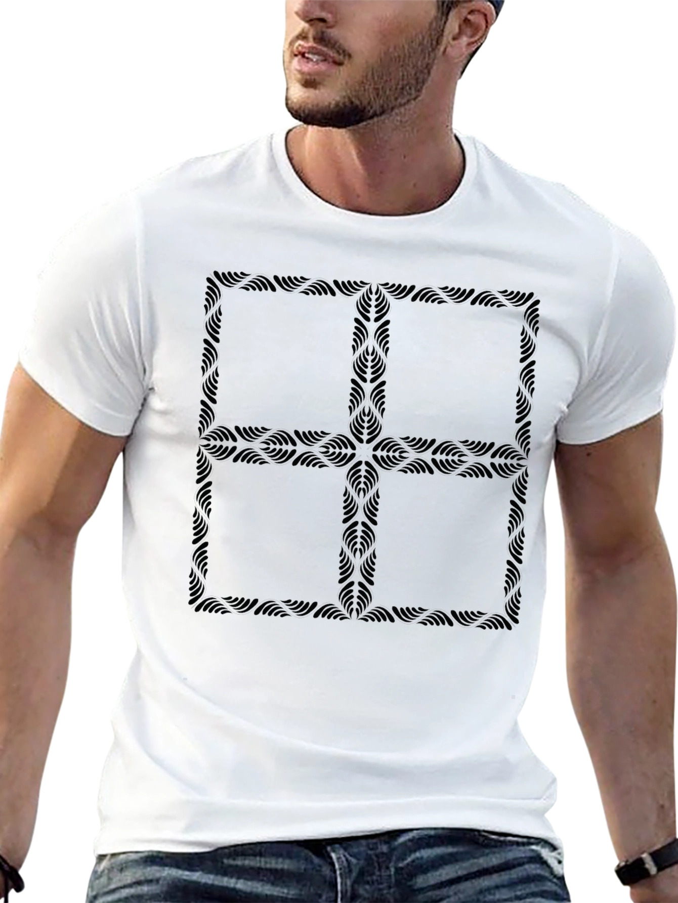 Black Graphic Tee: Abstract Floral Square Design