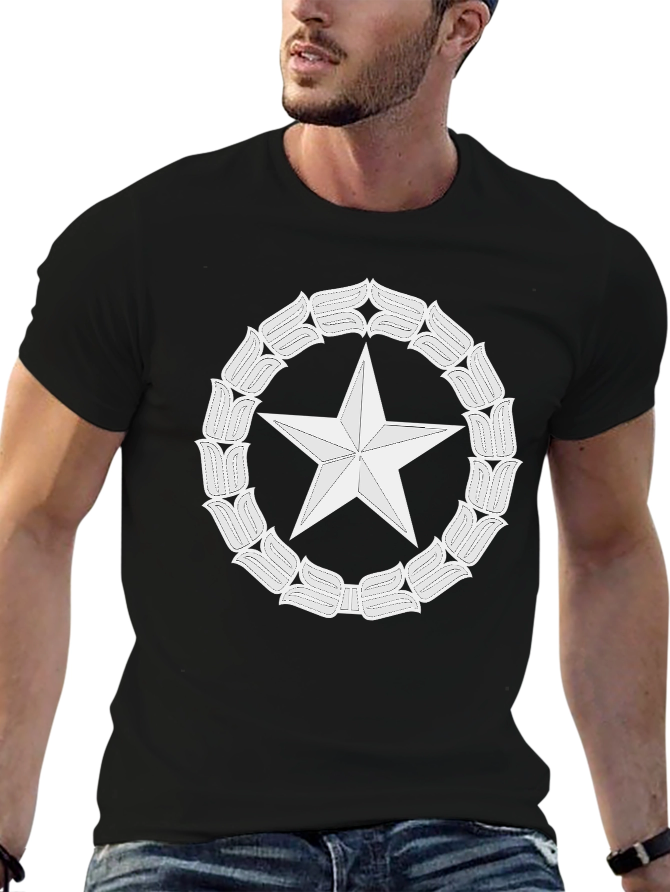 Star & Floral Wreath Graphic Tee - Black