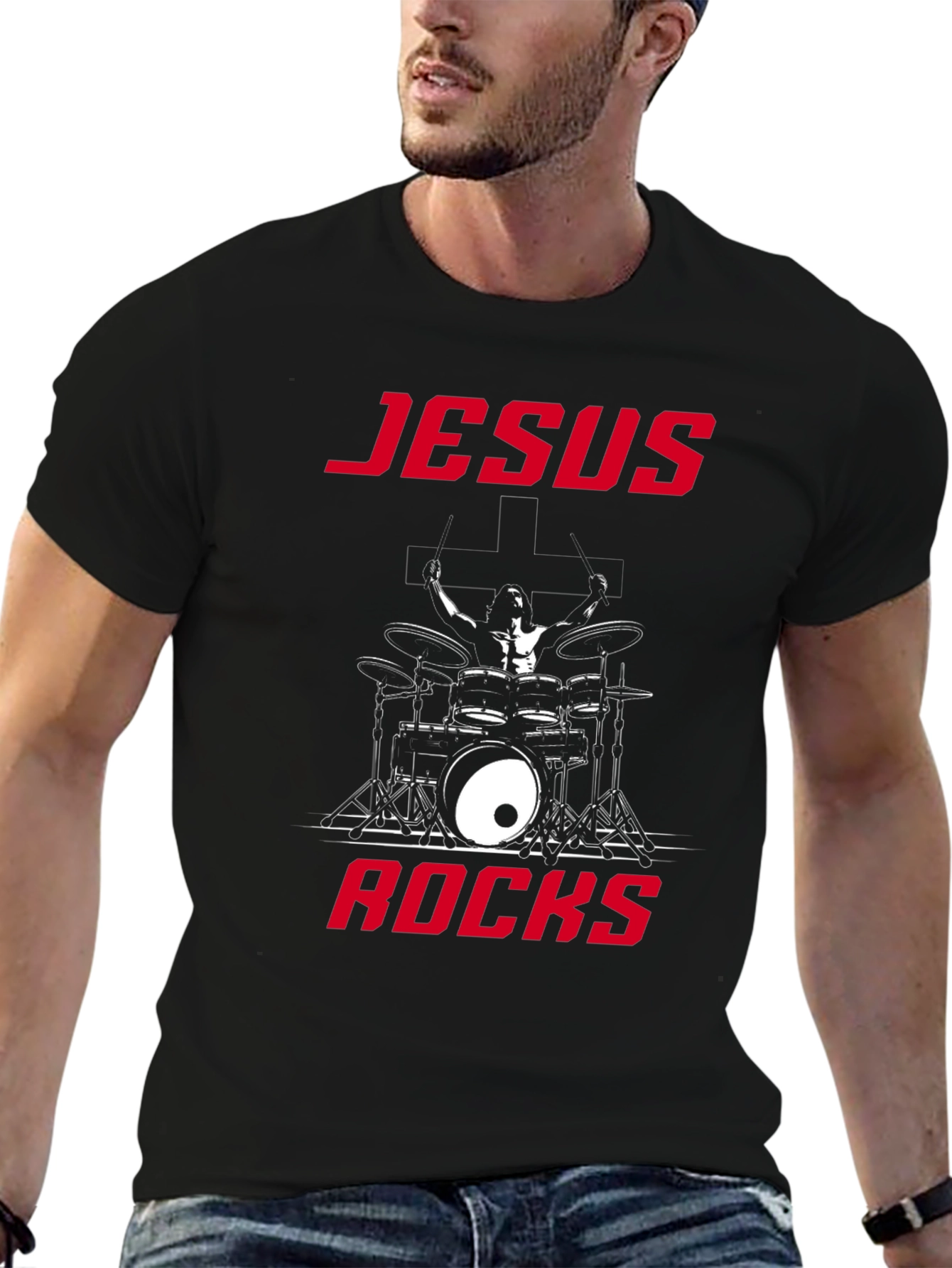 Jesus Rocks Drummer Graphic T-Shirt