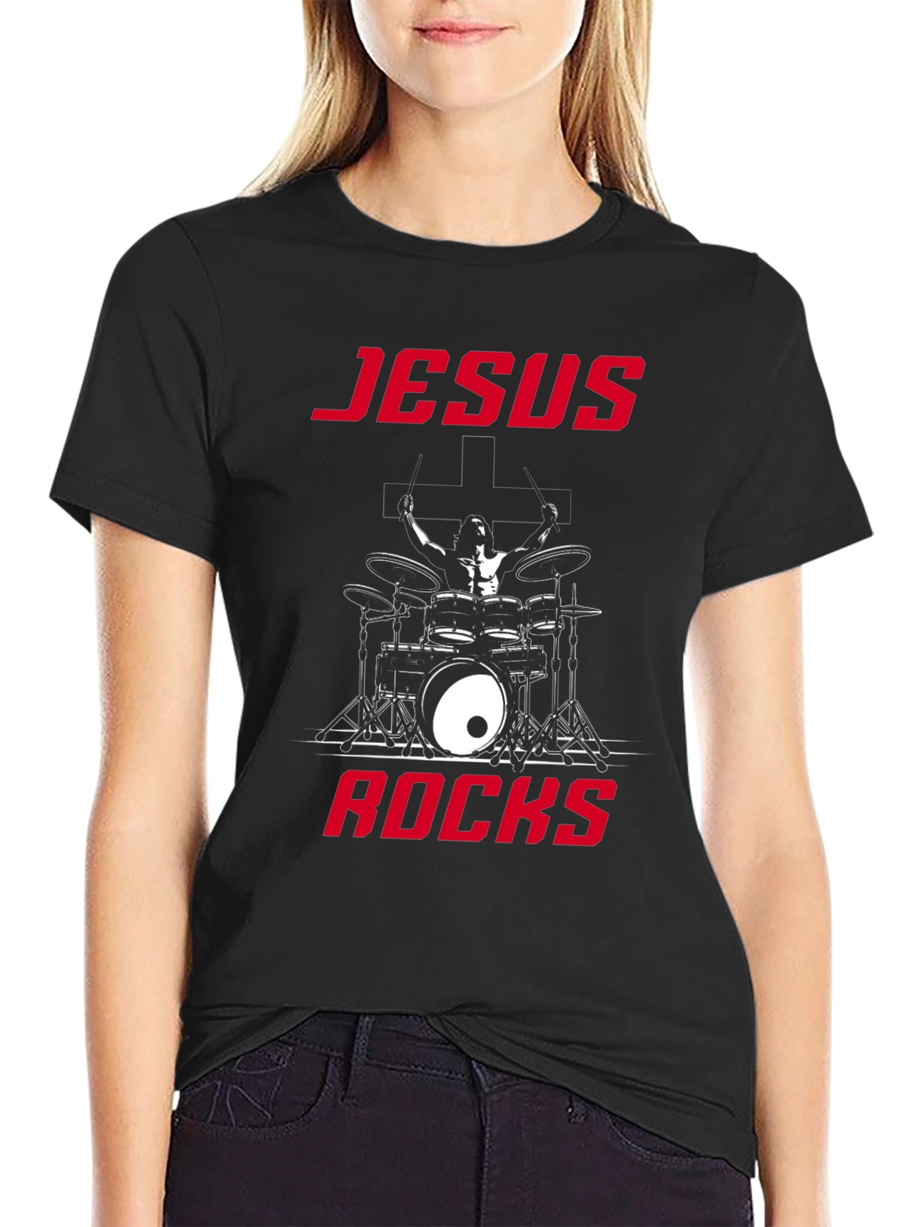 Jesus Rocks Drummer Graphic T-Shirt