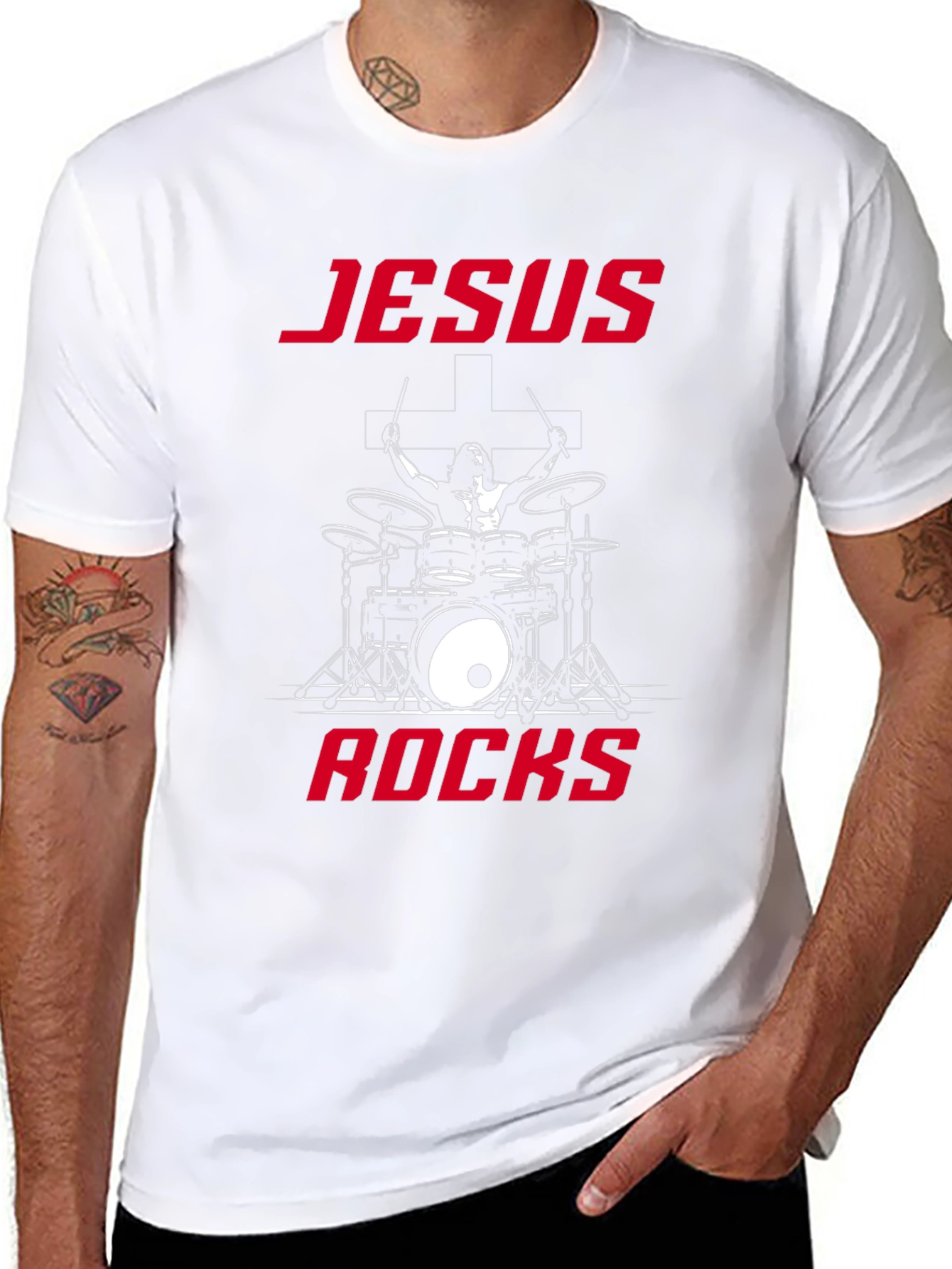 Jesus Rocks Drummer Graphic T-Shirt