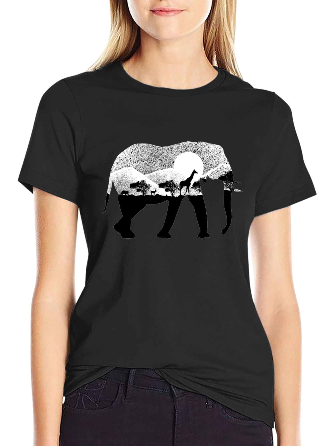 Elephant Silhouette Graphic Tee - Black Cotton