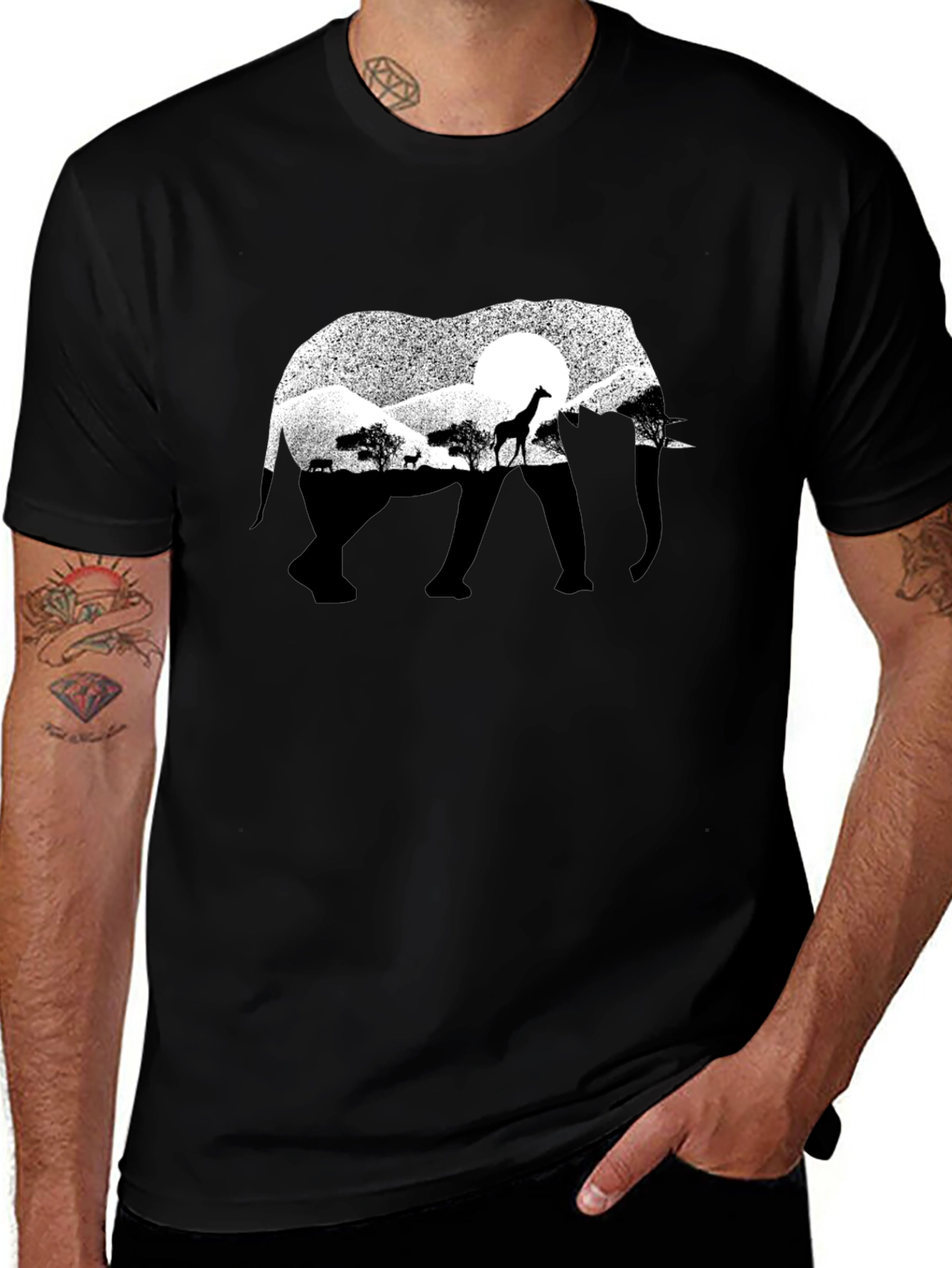 Elephant Silhouette Graphic Tee - Black Cotton
