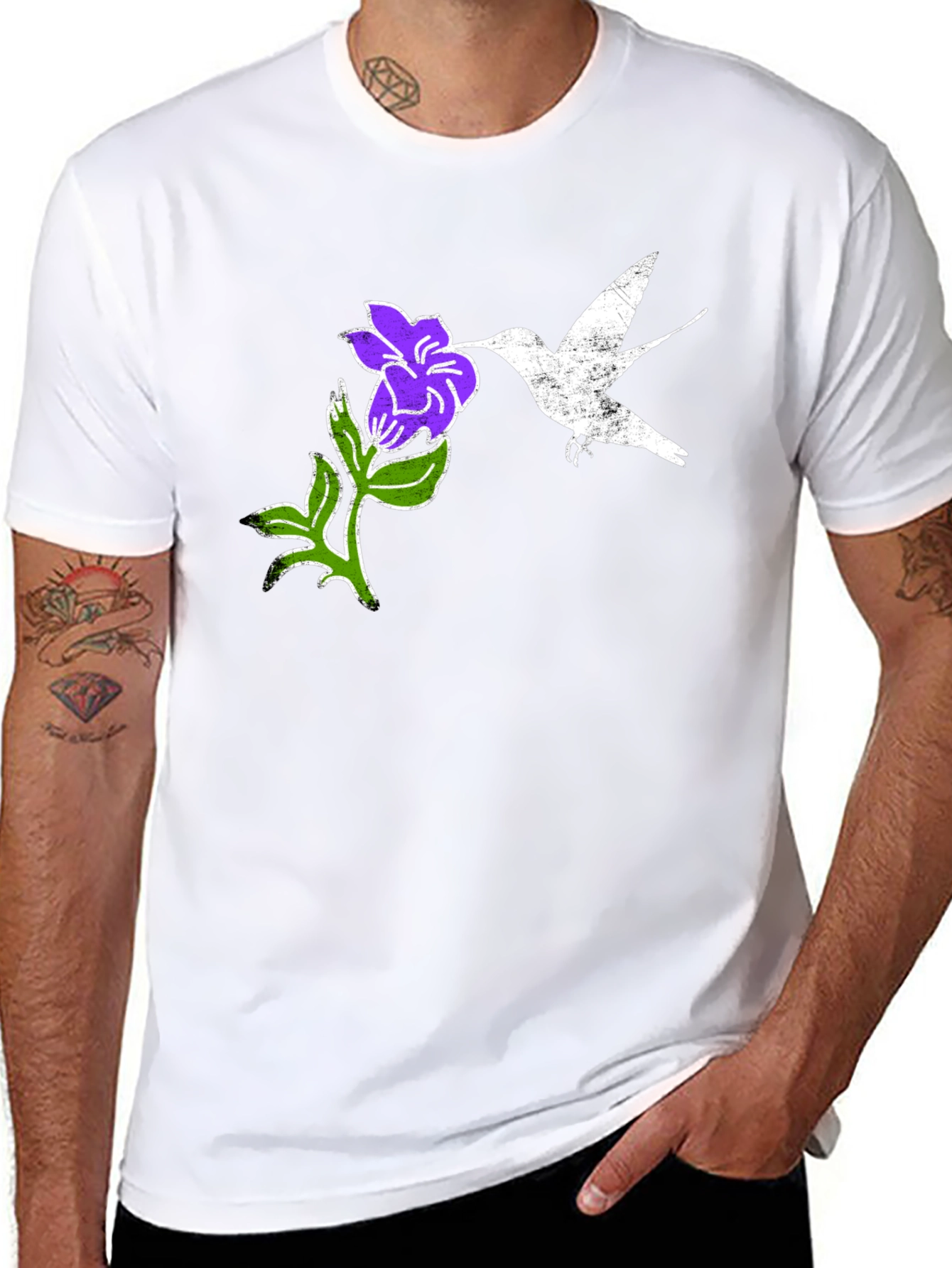 Hummingbird & Flower Graphic Tee - Black
