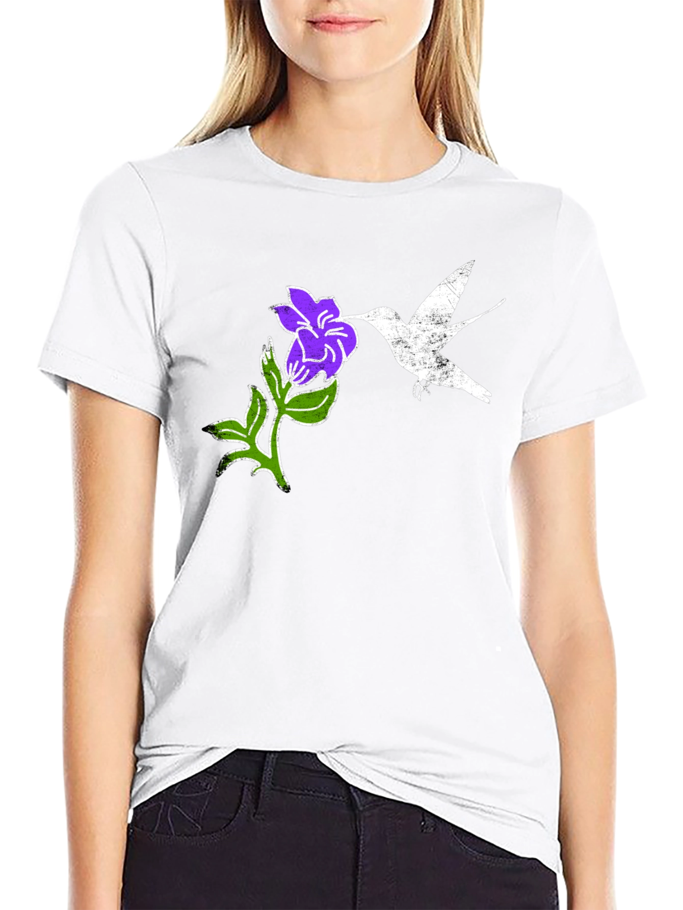 Hummingbird & Flower Graphic Tee - Black