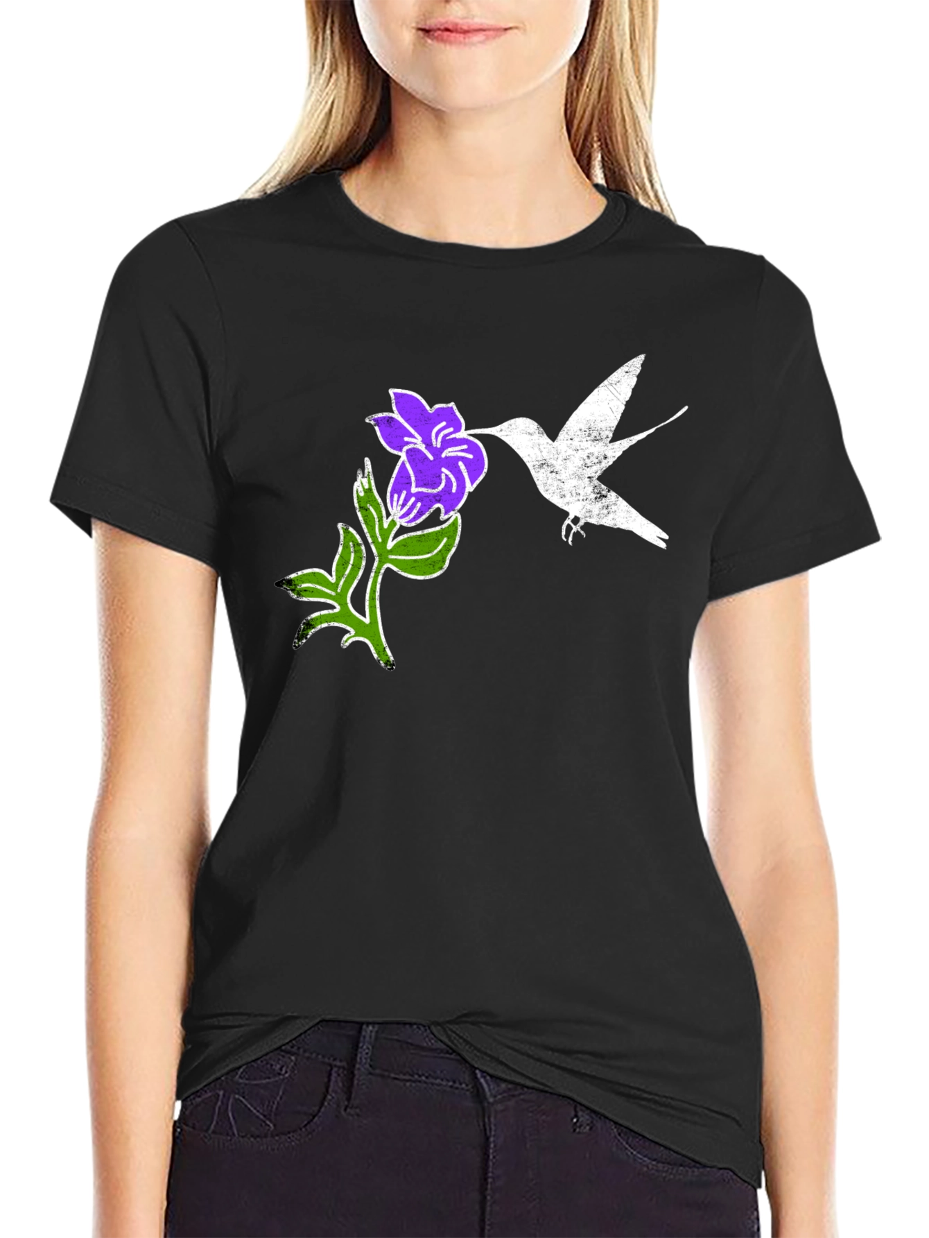 Hummingbird & Flower Graphic Tee - Black