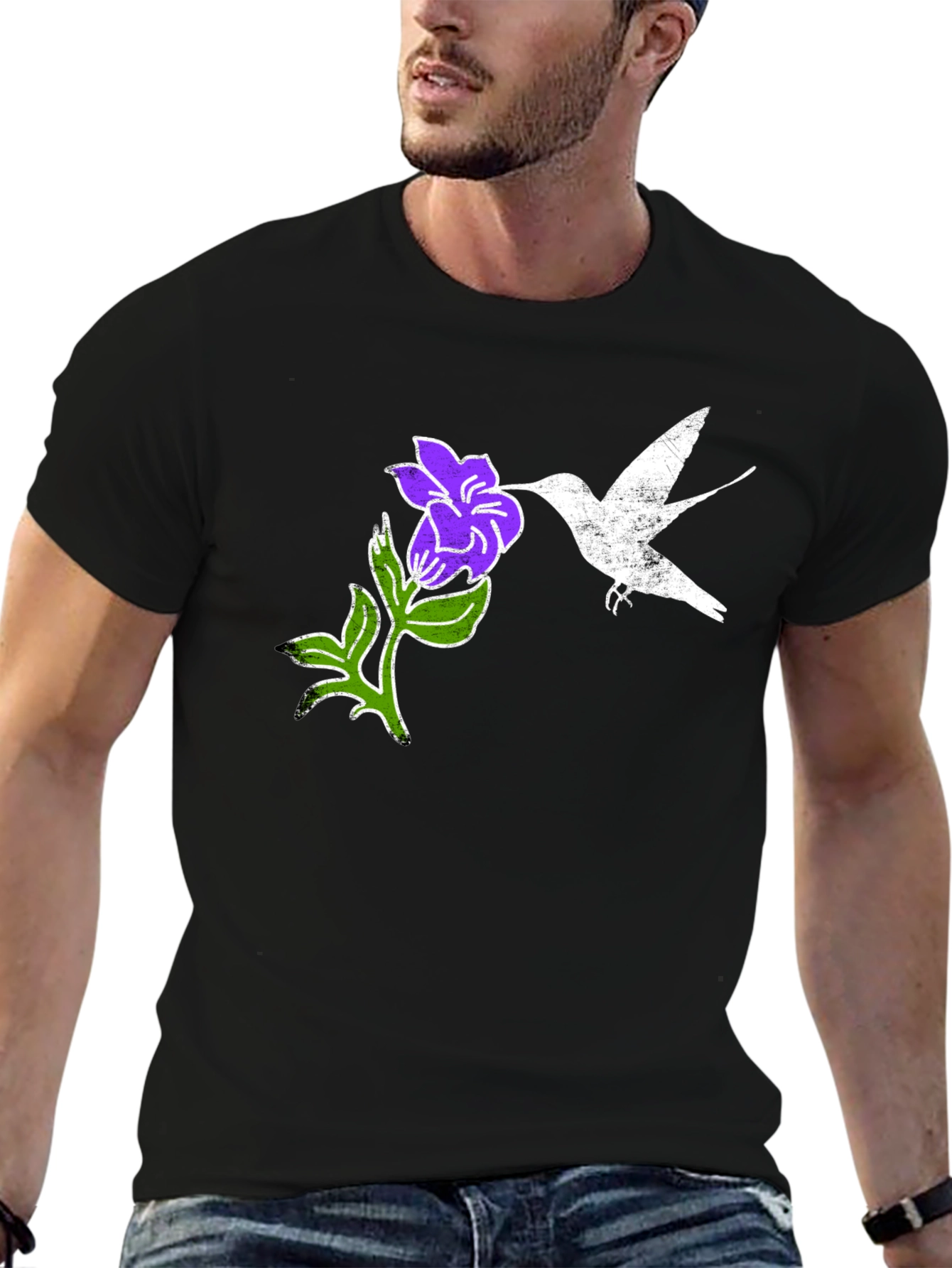 Hummingbird & Flower Graphic Tee - Black