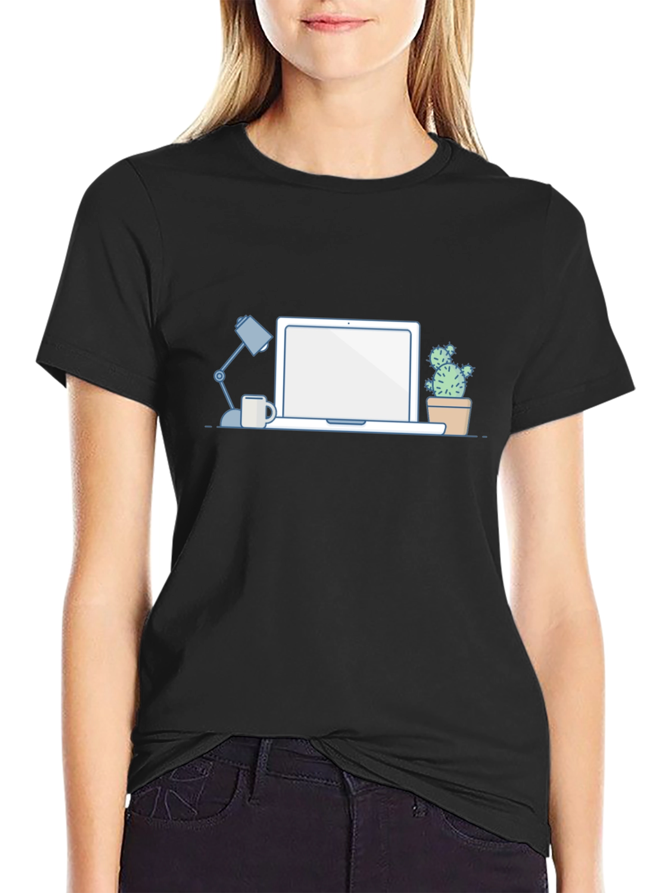 Desk Scene Graphic T-Shirt - Black Casual Tee