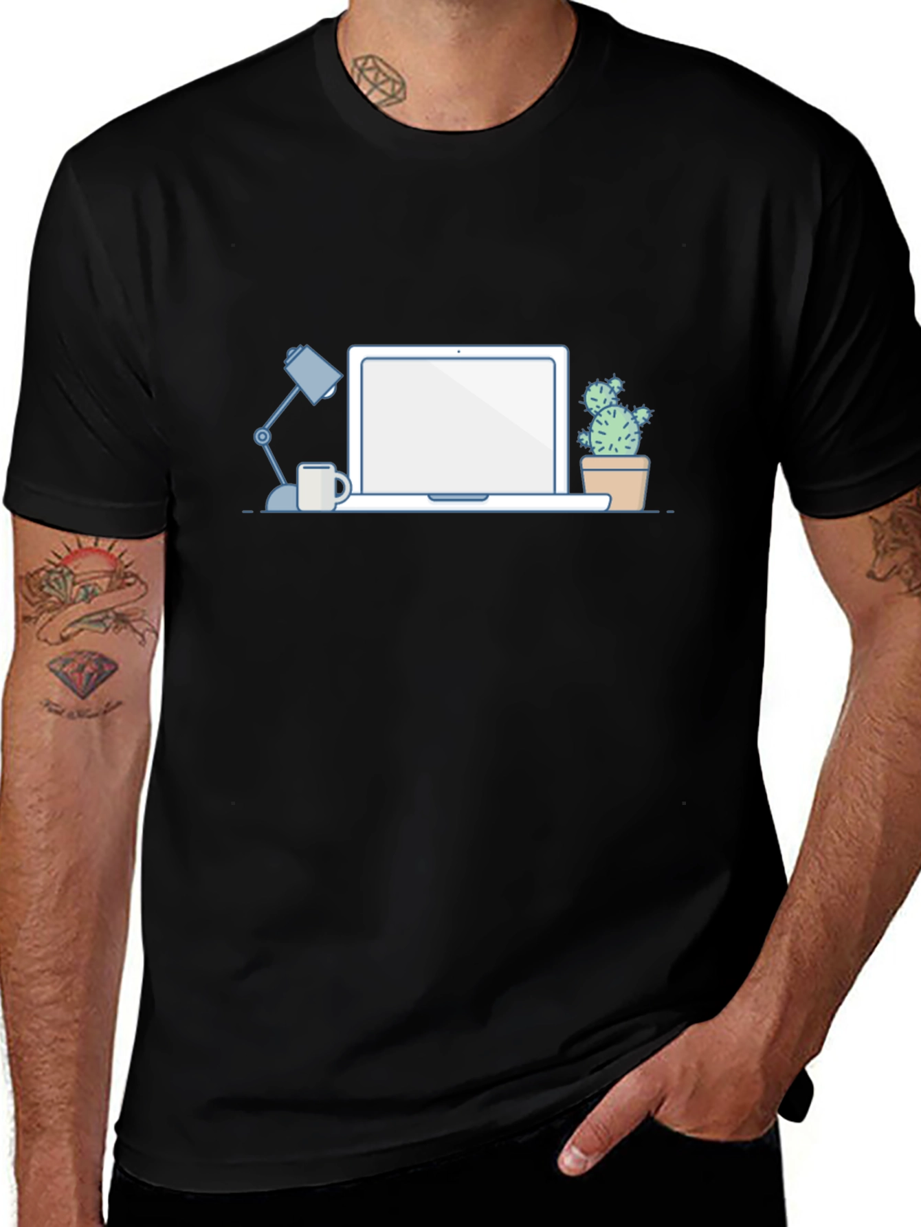 Desk Scene Graphic T-Shirt - Black Casual Tee