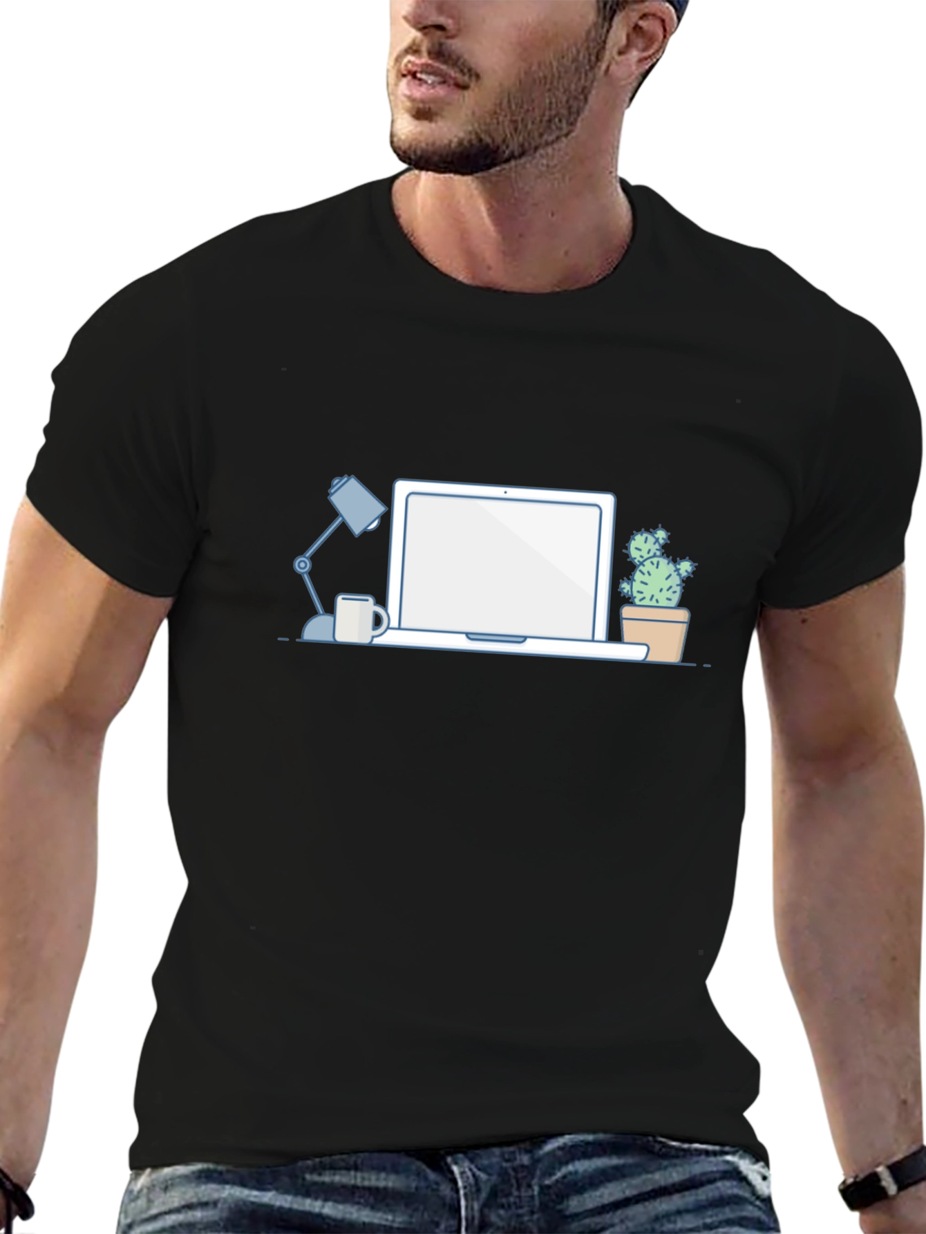 Desk Scene Graphic T-Shirt - Black Casual Tee