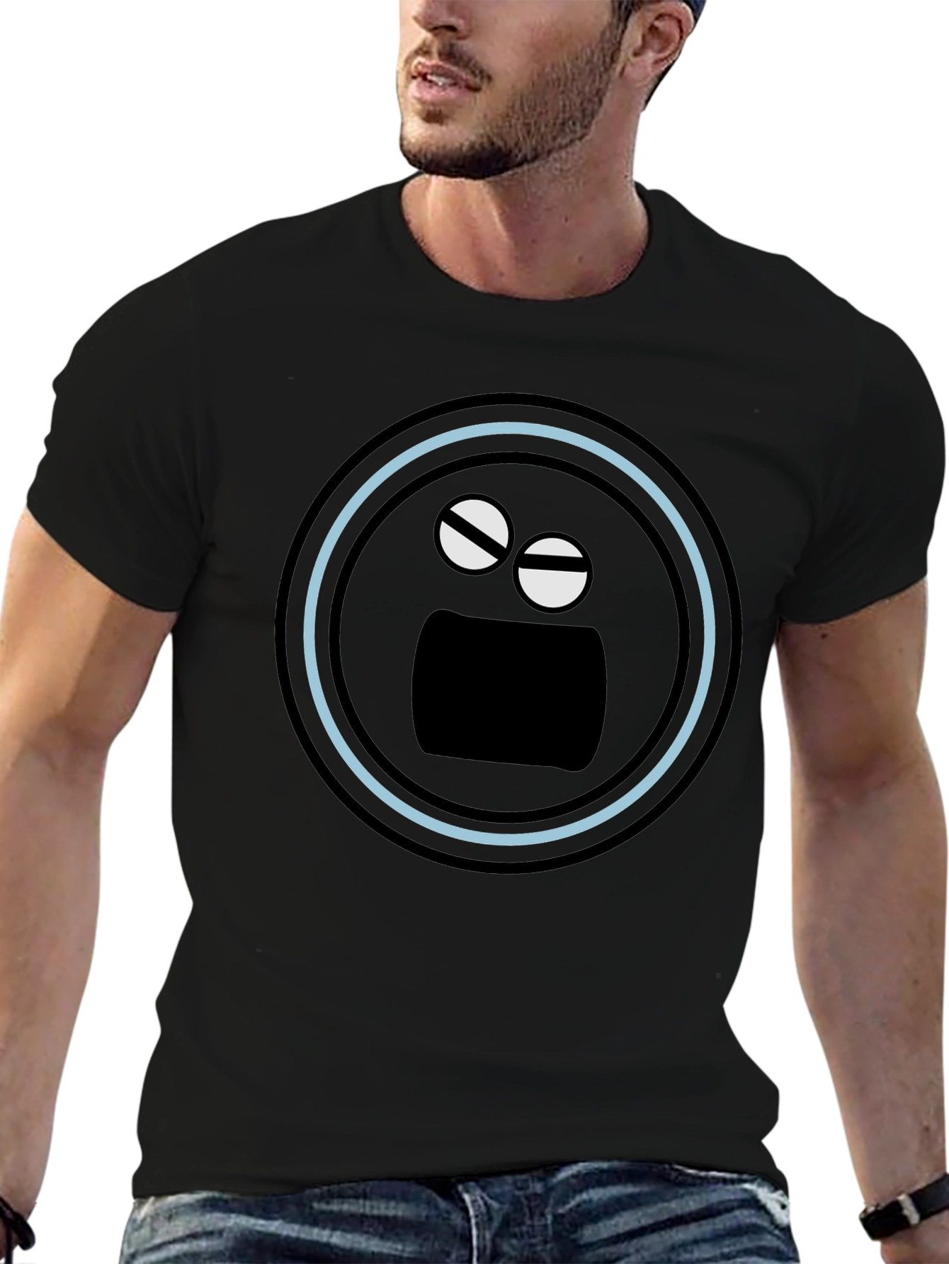 Black T-Shirt with Funny Round Face Graphic