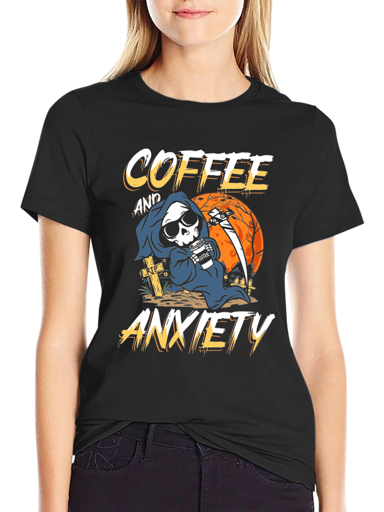 Coffee & Anxiety T-Shirt - Grim Reaper Design
