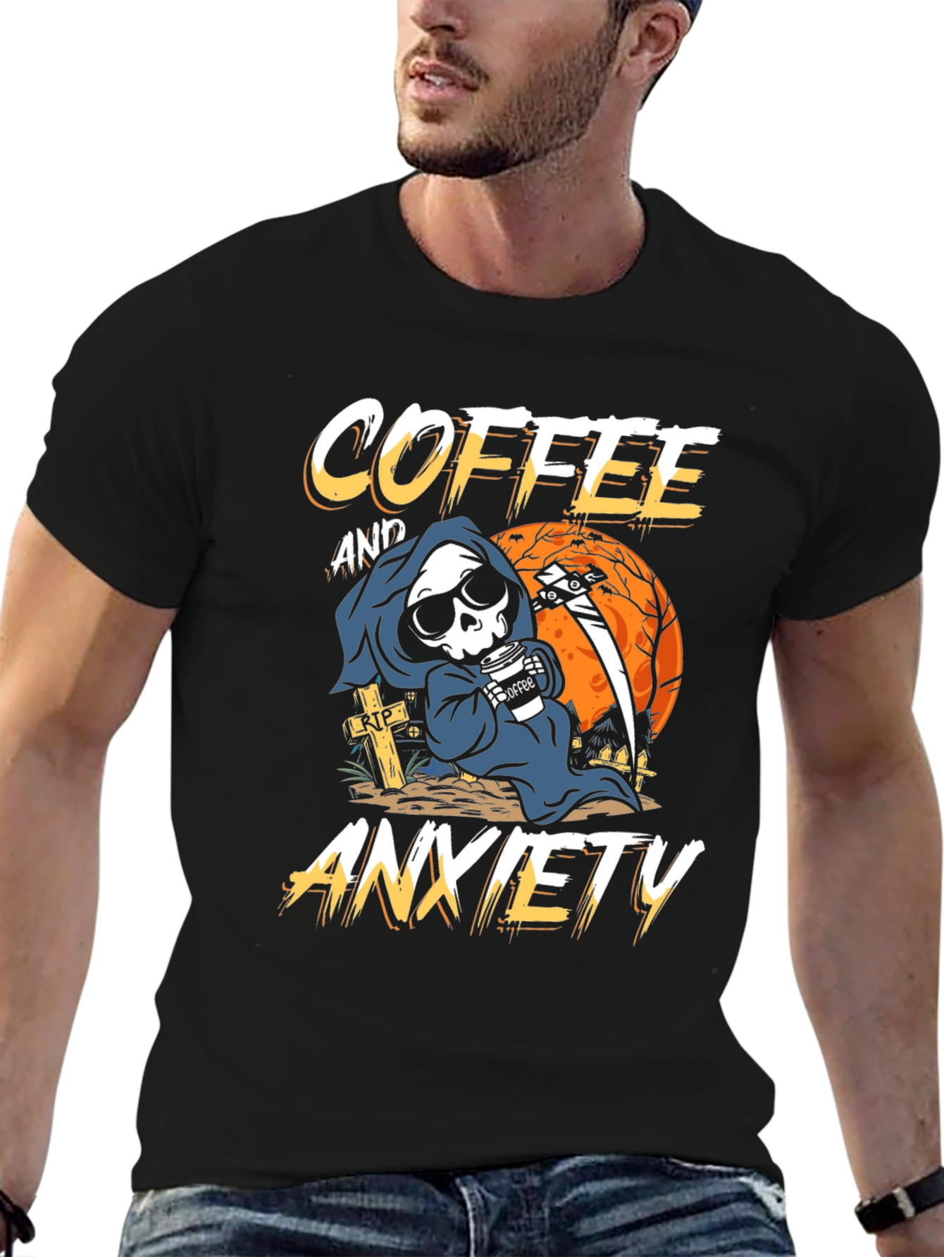 Coffee & Anxiety T-Shirt - Grim Reaper Design