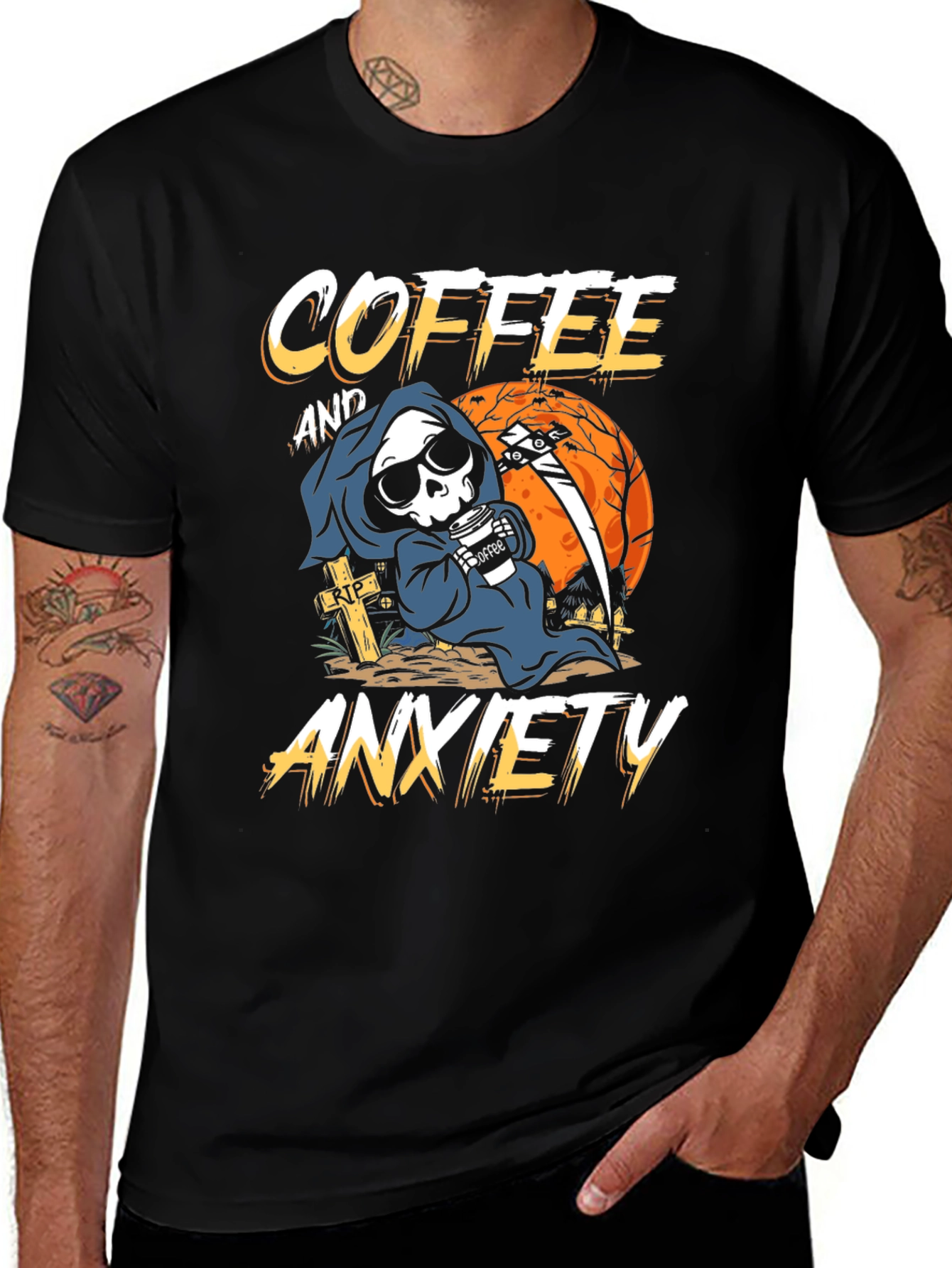 Coffee & Anxiety T-Shirt - Grim Reaper Design
