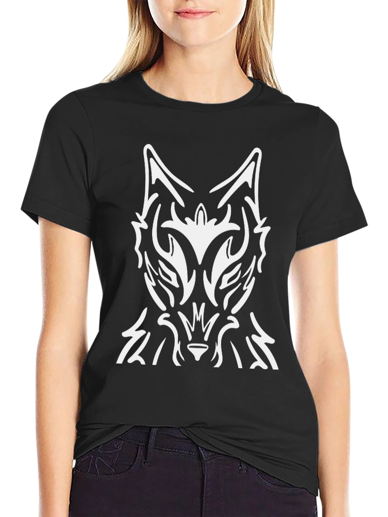 Black T-Shirt with Abstract Wolf Graphic