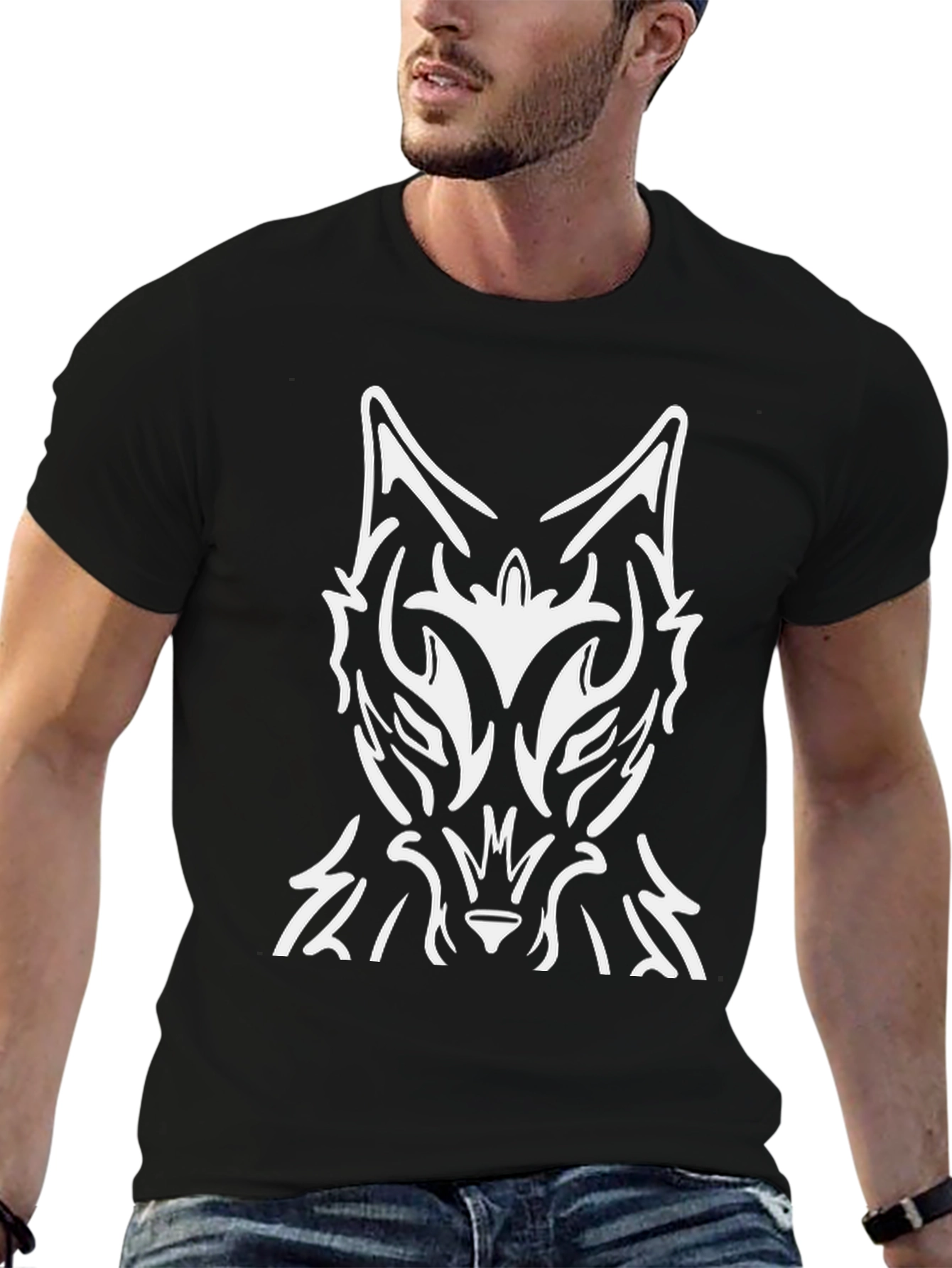 Black T-Shirt with Abstract Wolf Graphic