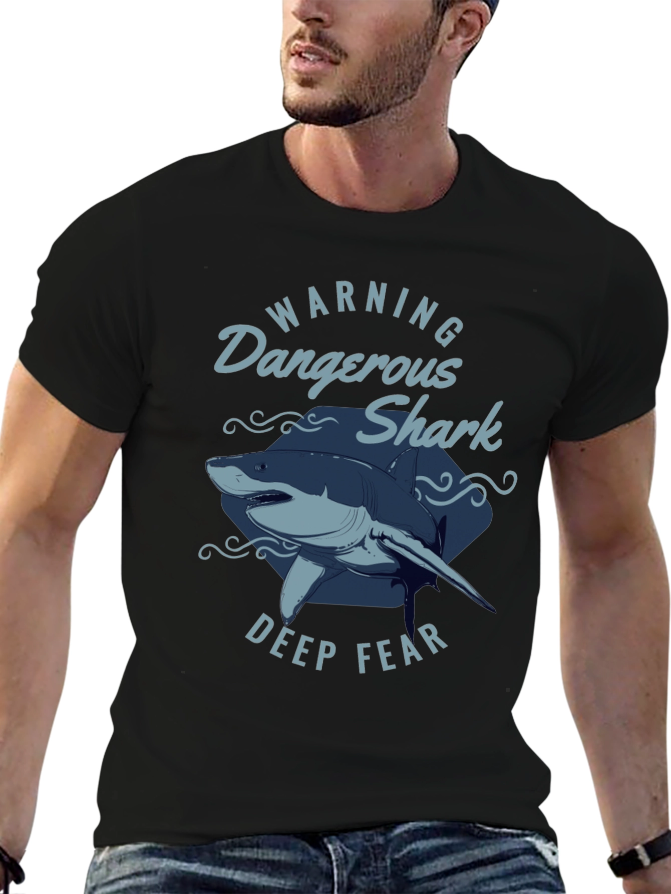 Dangerous Shark Graphic Print Black T-Shirt