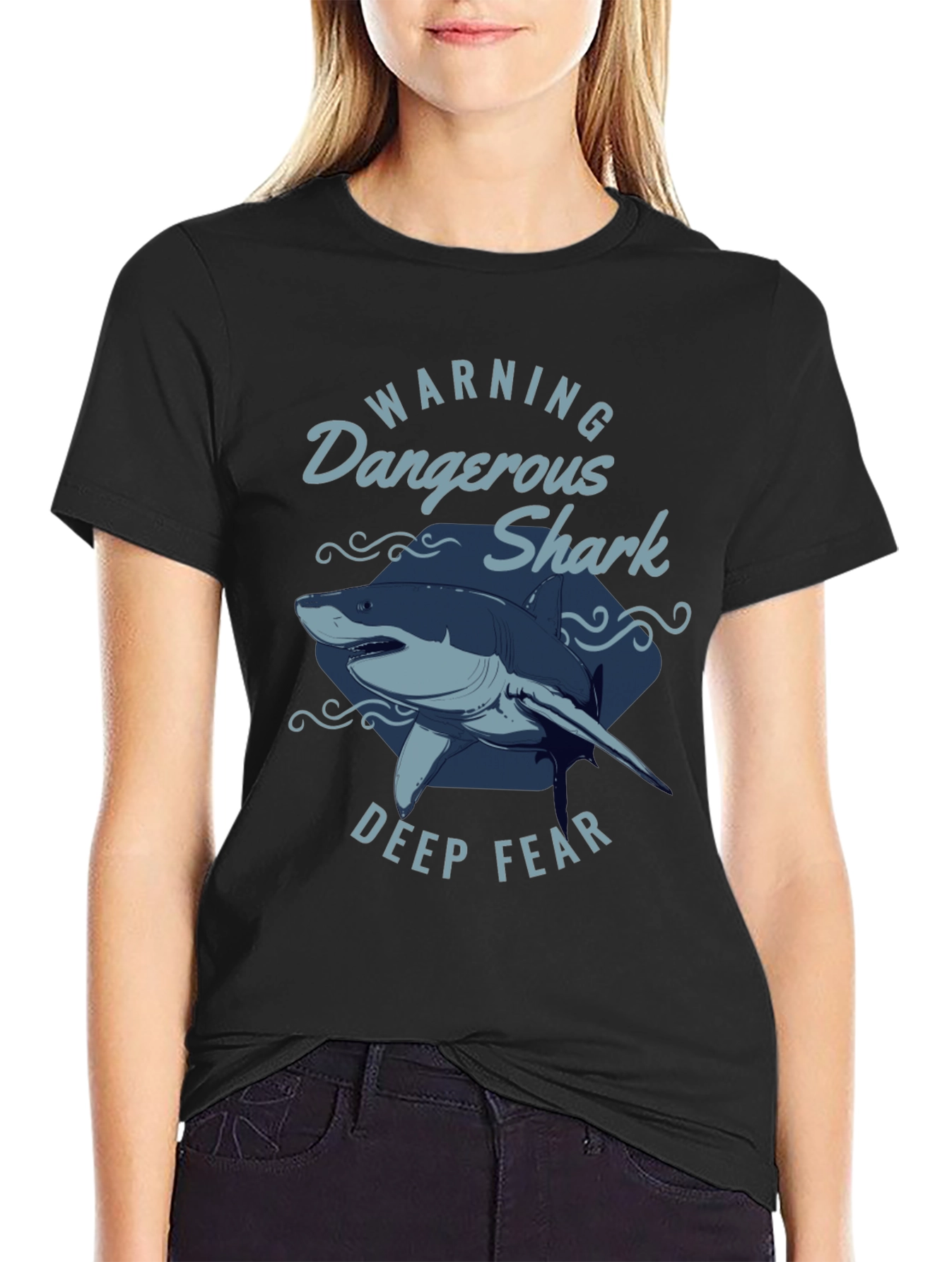 Dangerous Shark Graphic Print Black T-Shirt