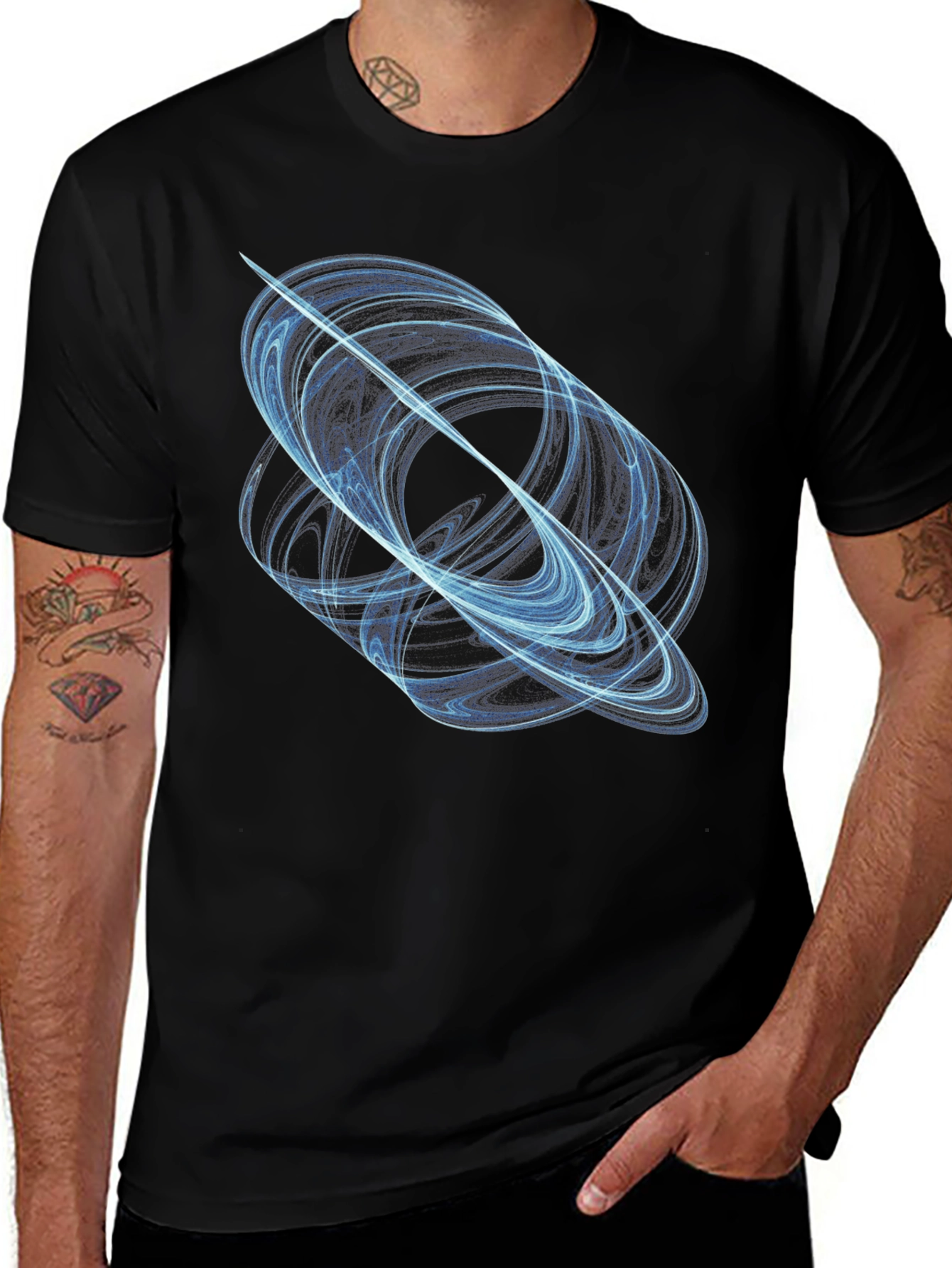Abstract Blue Swirl Graphic Black T-Shirt